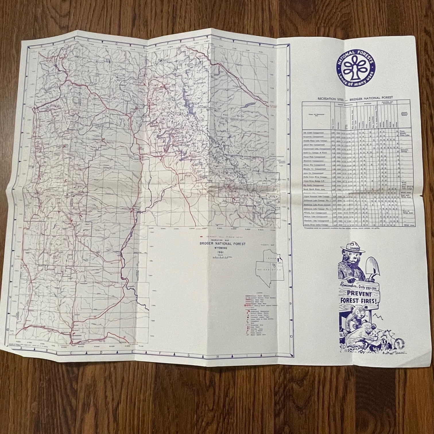 Vintage 1961 Bridger National Forest Wyoming Map US Forest Service Brochure
