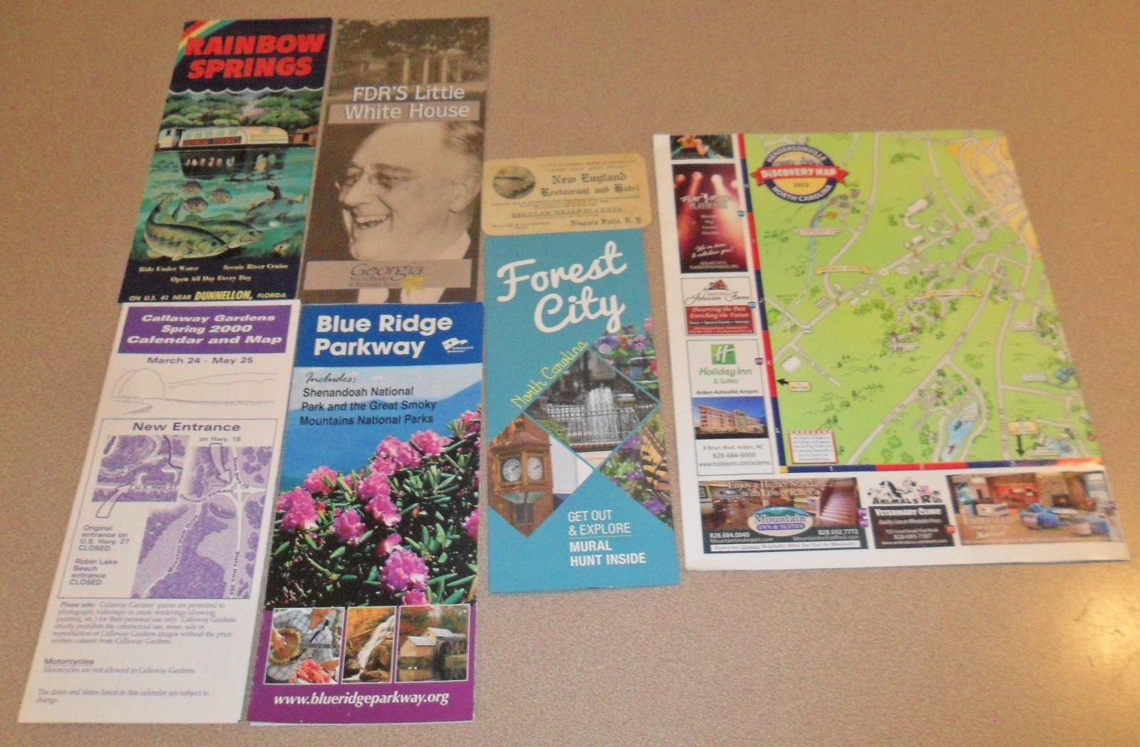 7 TRAVEL ITEMS BROCHURES: Hendersonville & Forest City, NC; Callaway Gardens, GA