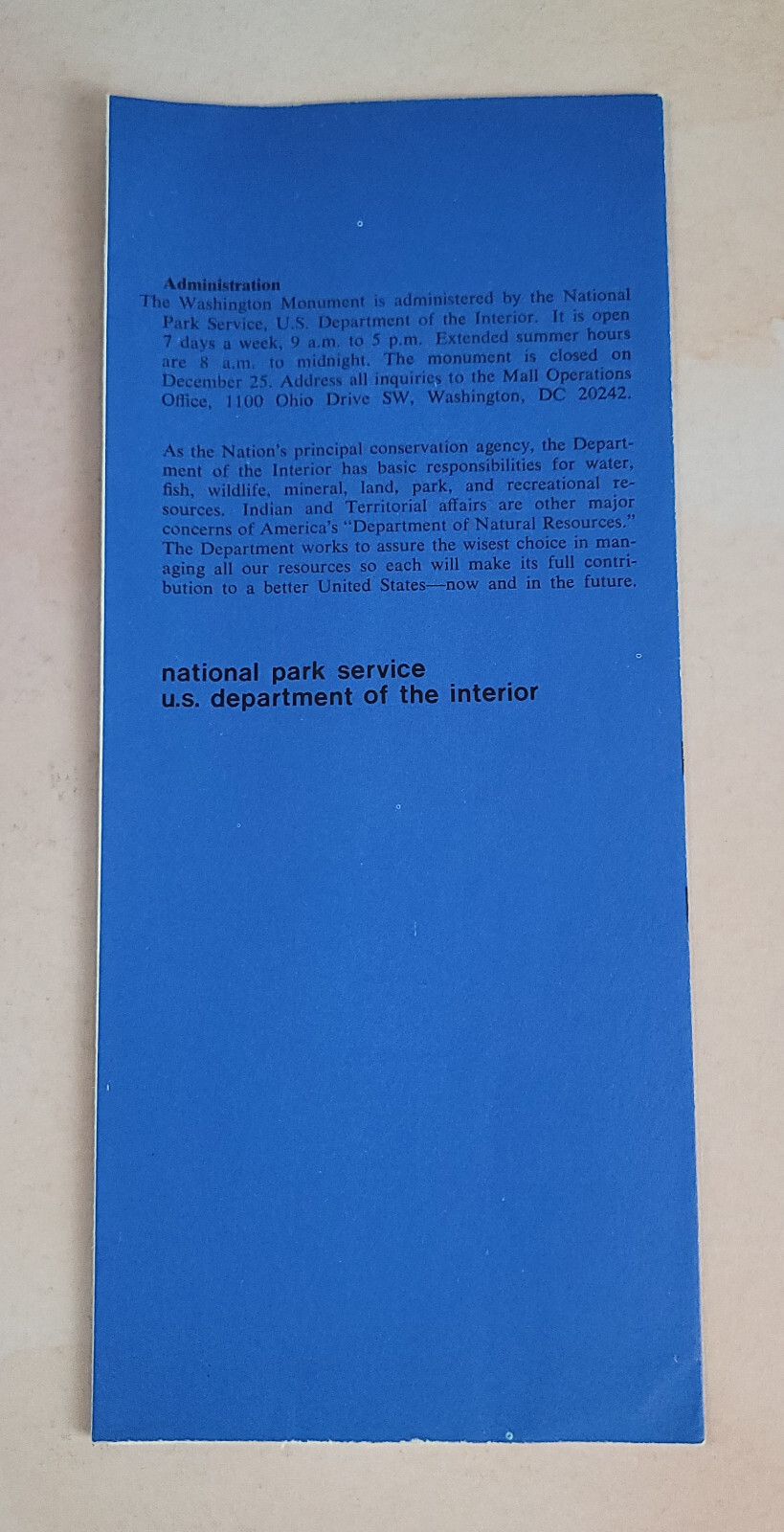Vintage National Park WASHINGTON MONUMENT Brochure Washington DC ©1977