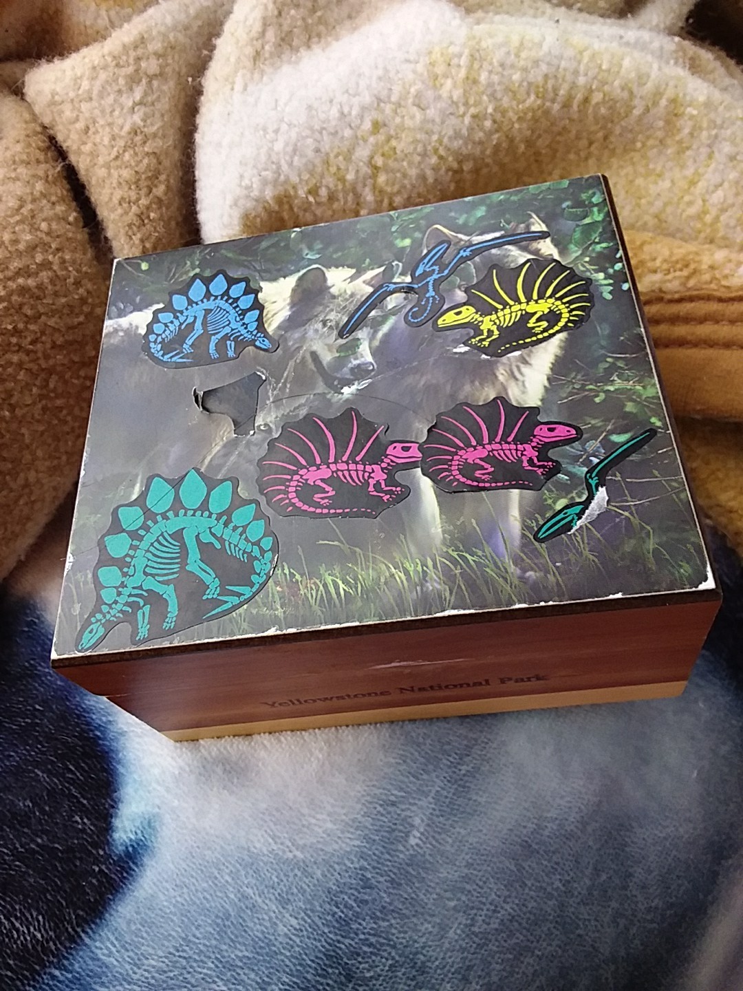 Yellowstone National Park Wooden Trinket Box Has Stickers On It Hinges Are Loose