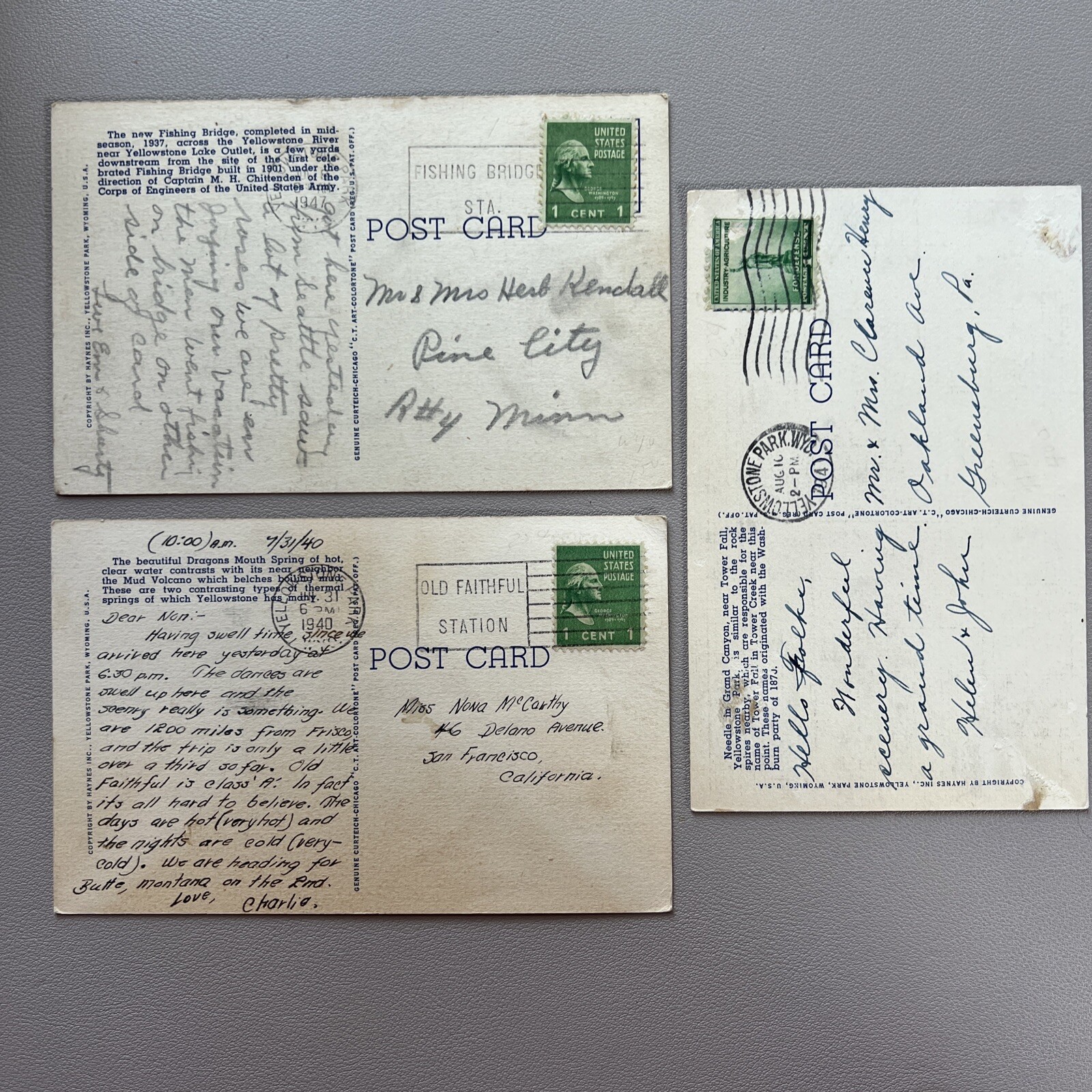 3 Vintage 1940’s Haynes Yellowstone National Park Postcards cancelled/posted