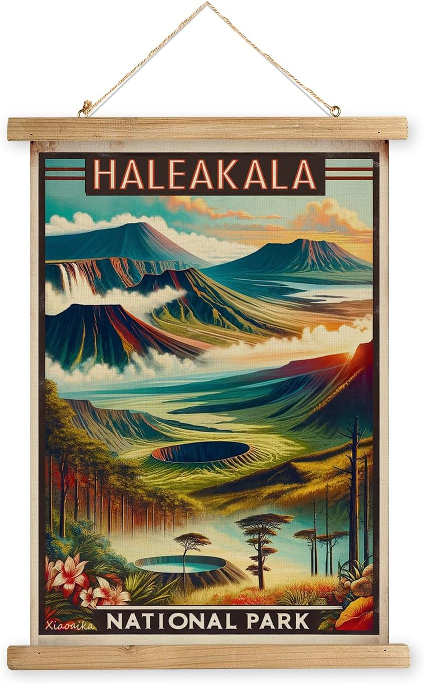 Vintage Haleakala National Park Travel Poster with Wooden Scroll Frame – Holiday