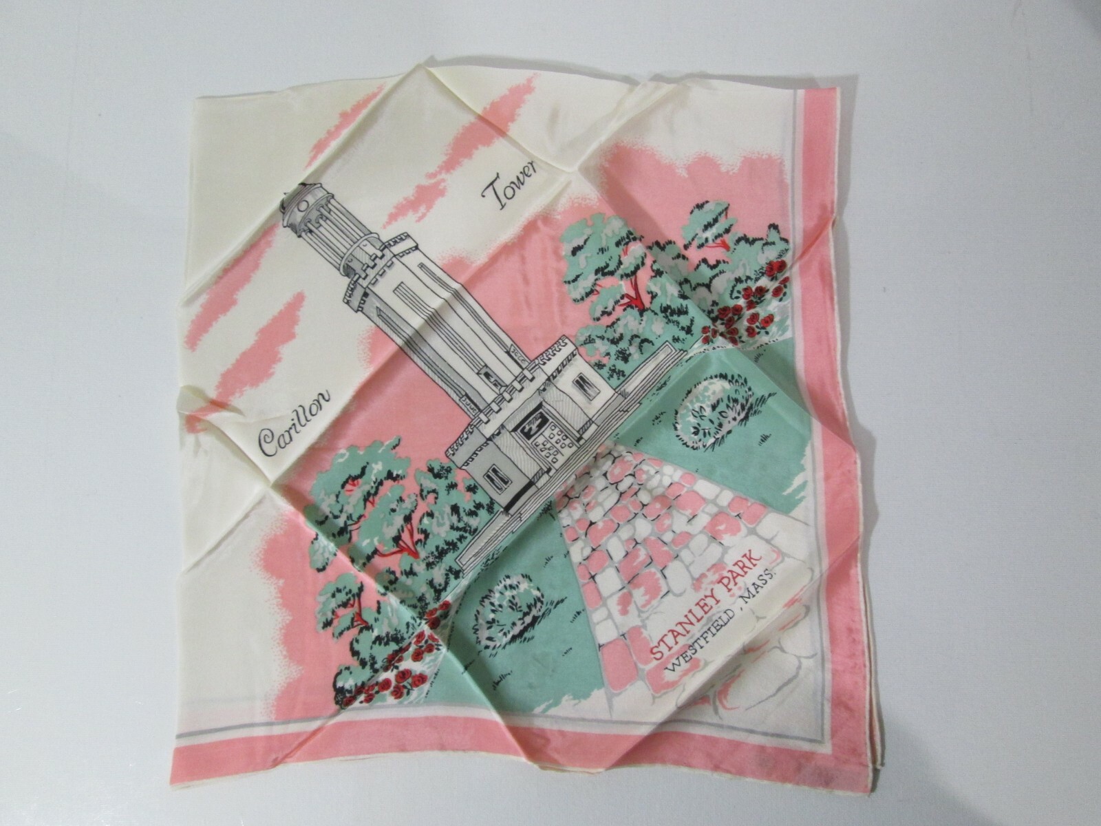 VINTAGE 1950s Stanley Park Carillon Tower Westerfield MA UNUSED Silk Crepe Scarf