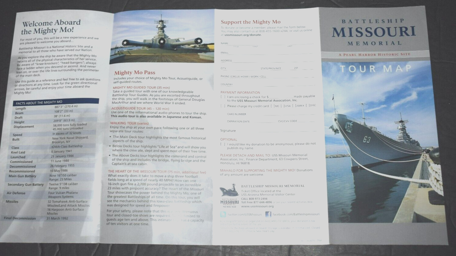BATTLESHIP MISSOURI MEMORIAL “Tour Map,” Pearl Harbor (4″ x 9″ folded) Brand New