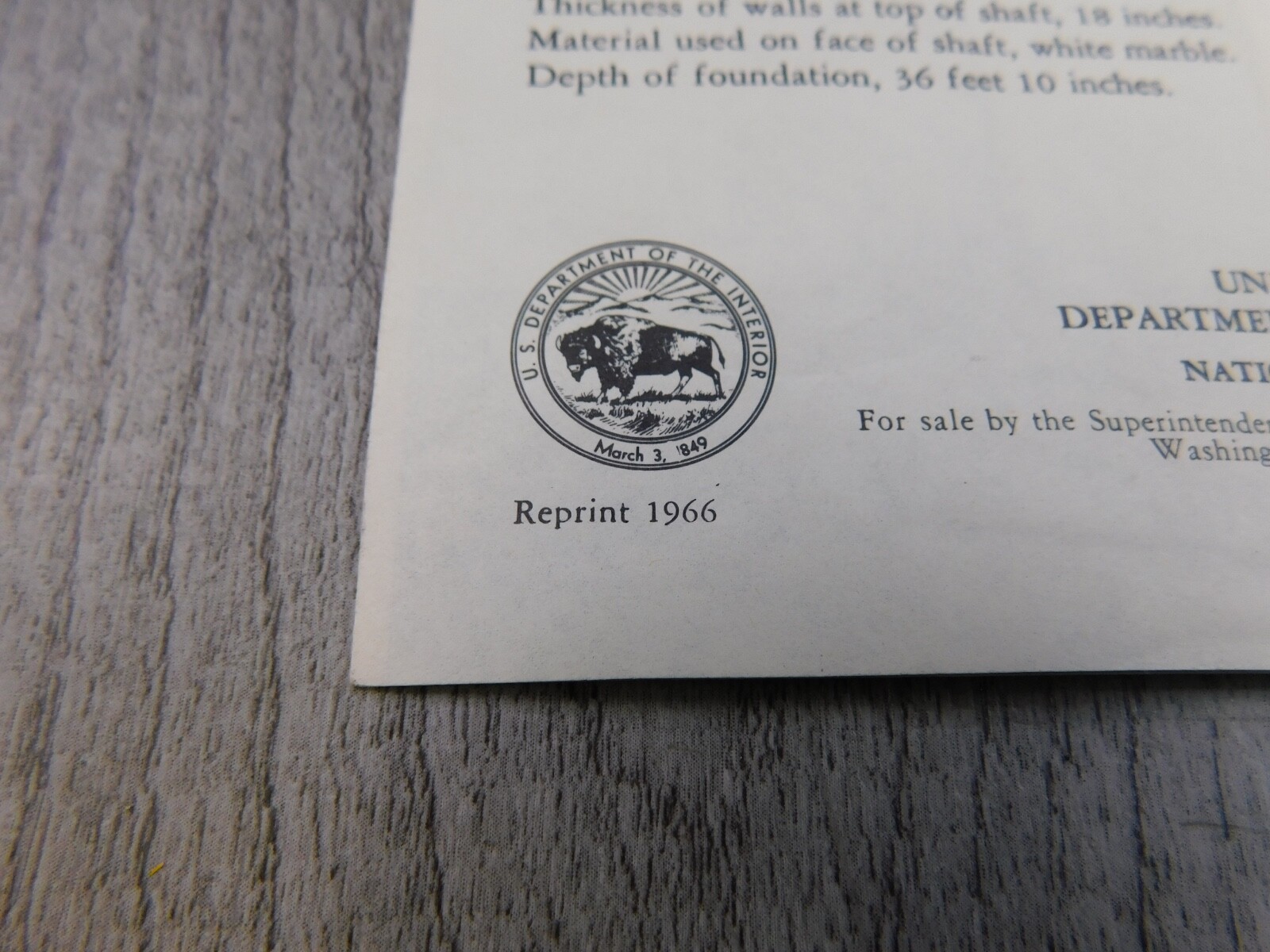 Washington Monument Brochure 1966 History Dept of Interior Nat’l Park Service