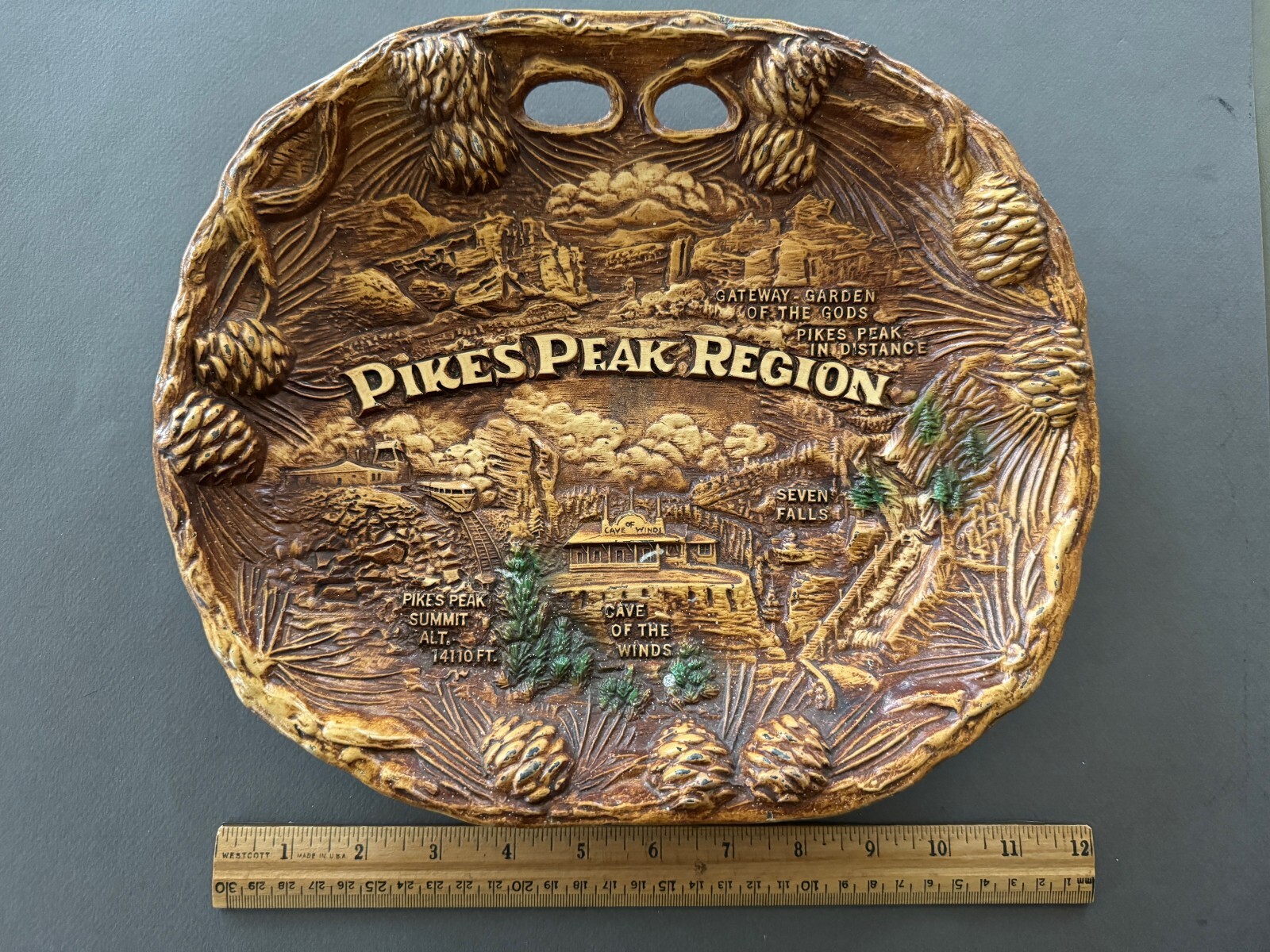 VINTAGE EMBOSSED TACO PIKES PEAK REGION SOUVENIR RESIN WALL HANGING PLATE TRAY