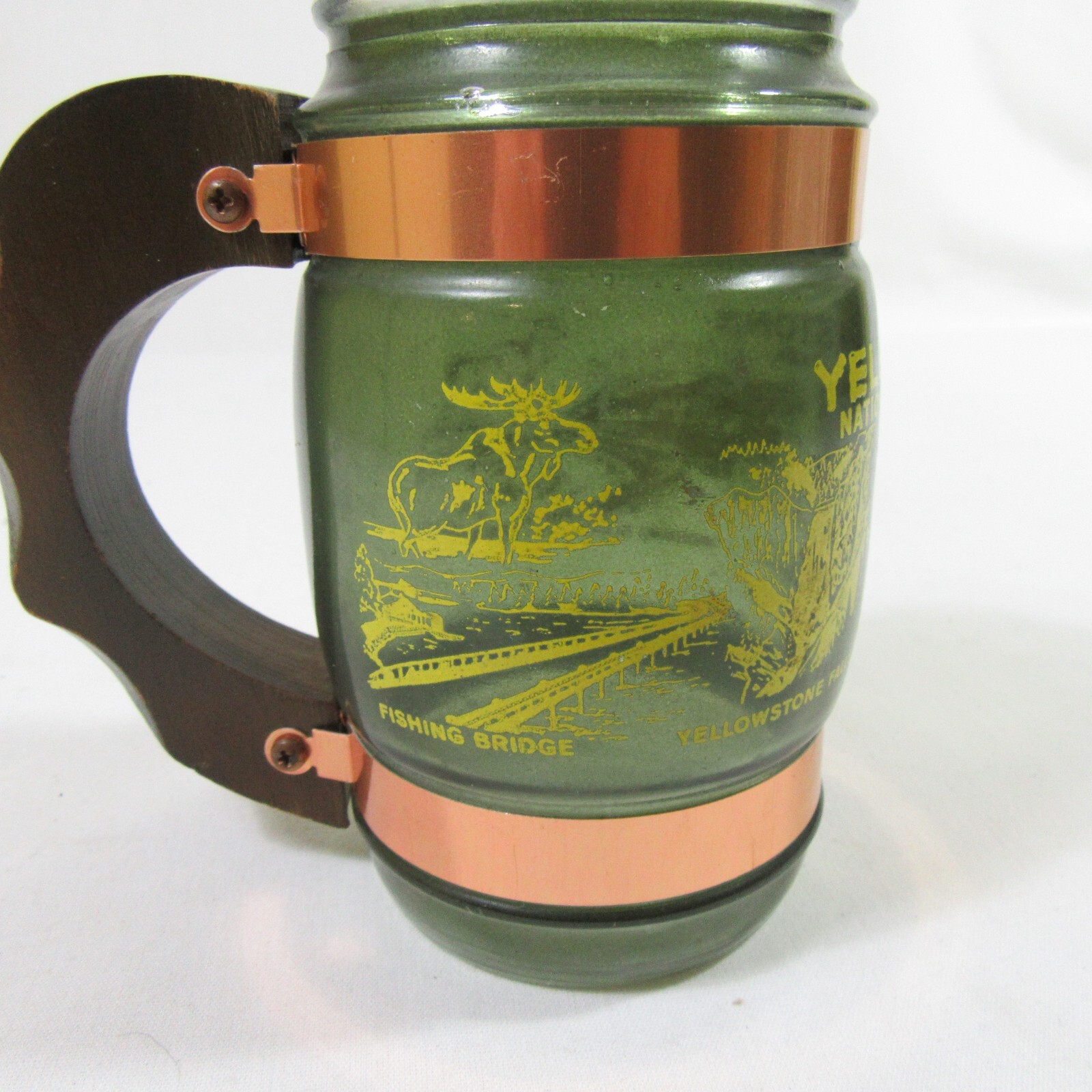 1970s Siesta Ware Souvenir Yellowstone National Park Rare Green Glass Mug w Wood