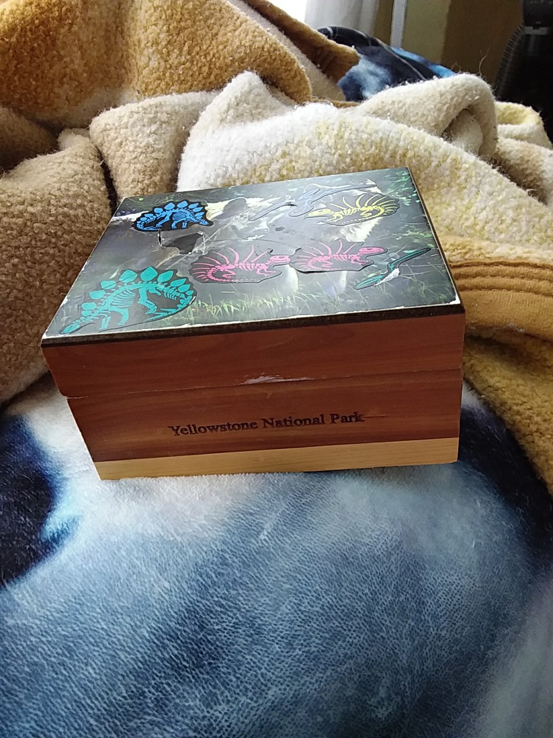 Yellowstone National Park Wooden Trinket Box Has Stickers On It Hinges Are Loose