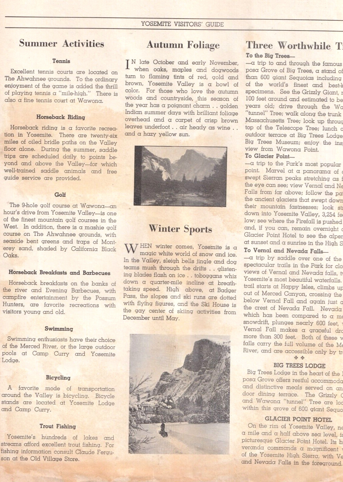 Yosemite Visitor’s Guide, July 1940, Large 12″ x 9″, Four Pages, Map, Events