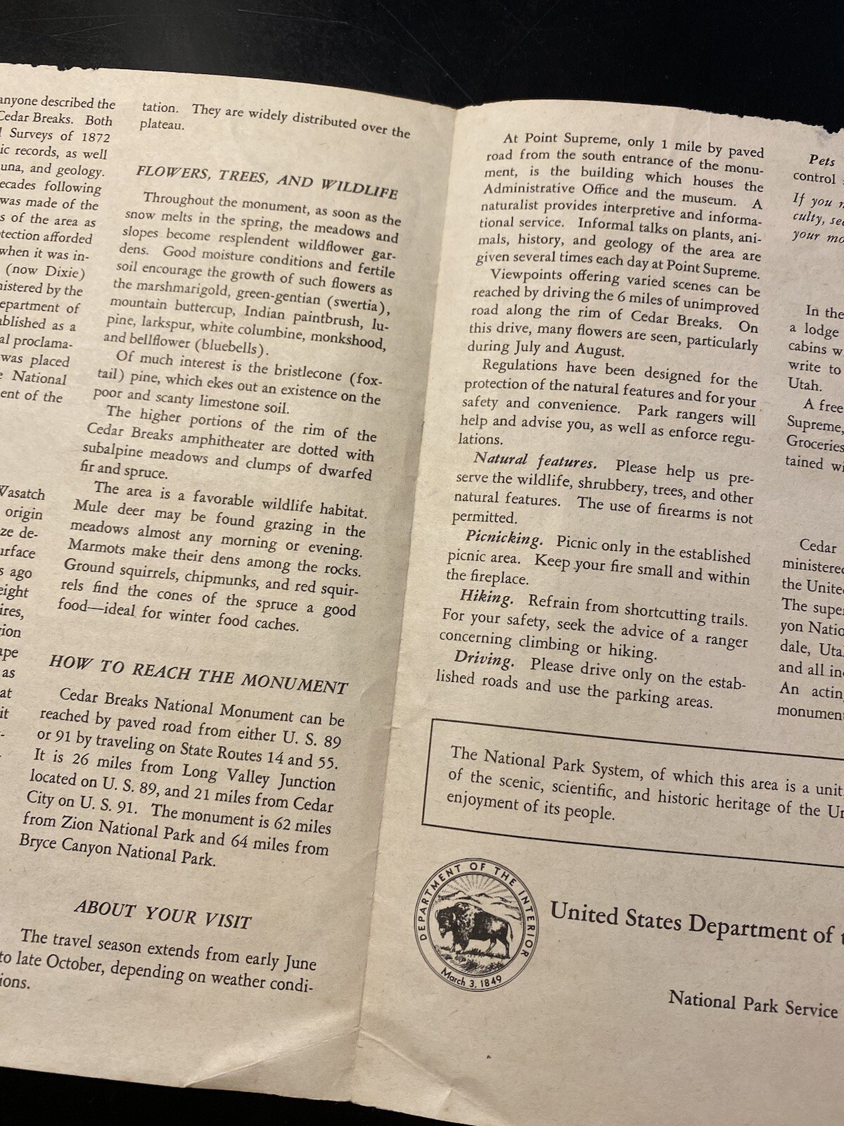 Dec 1953/1956 Cedar Breaks National Monument Utah Brochure Pamphlet MAP History