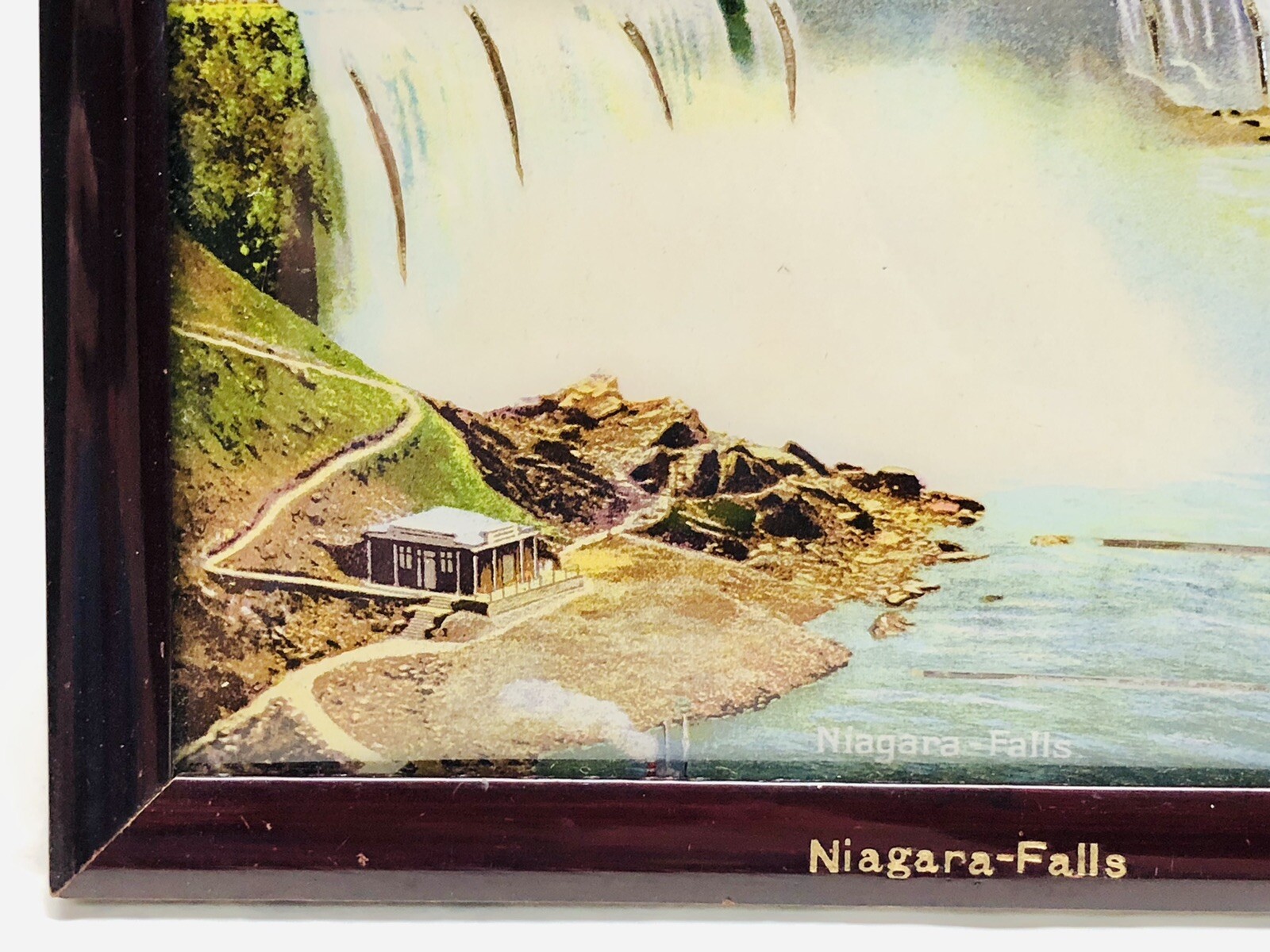 VTG Niagara Falls Lithograph Print Curved Glass Picture Wood Frame Stand Germany