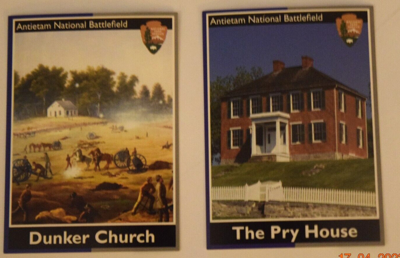 “ANTIETAM NTL BATTLEFIELD – Dunker Church, PRY HOUSE,” (2.0″ x 3.25″) NPS Cards6