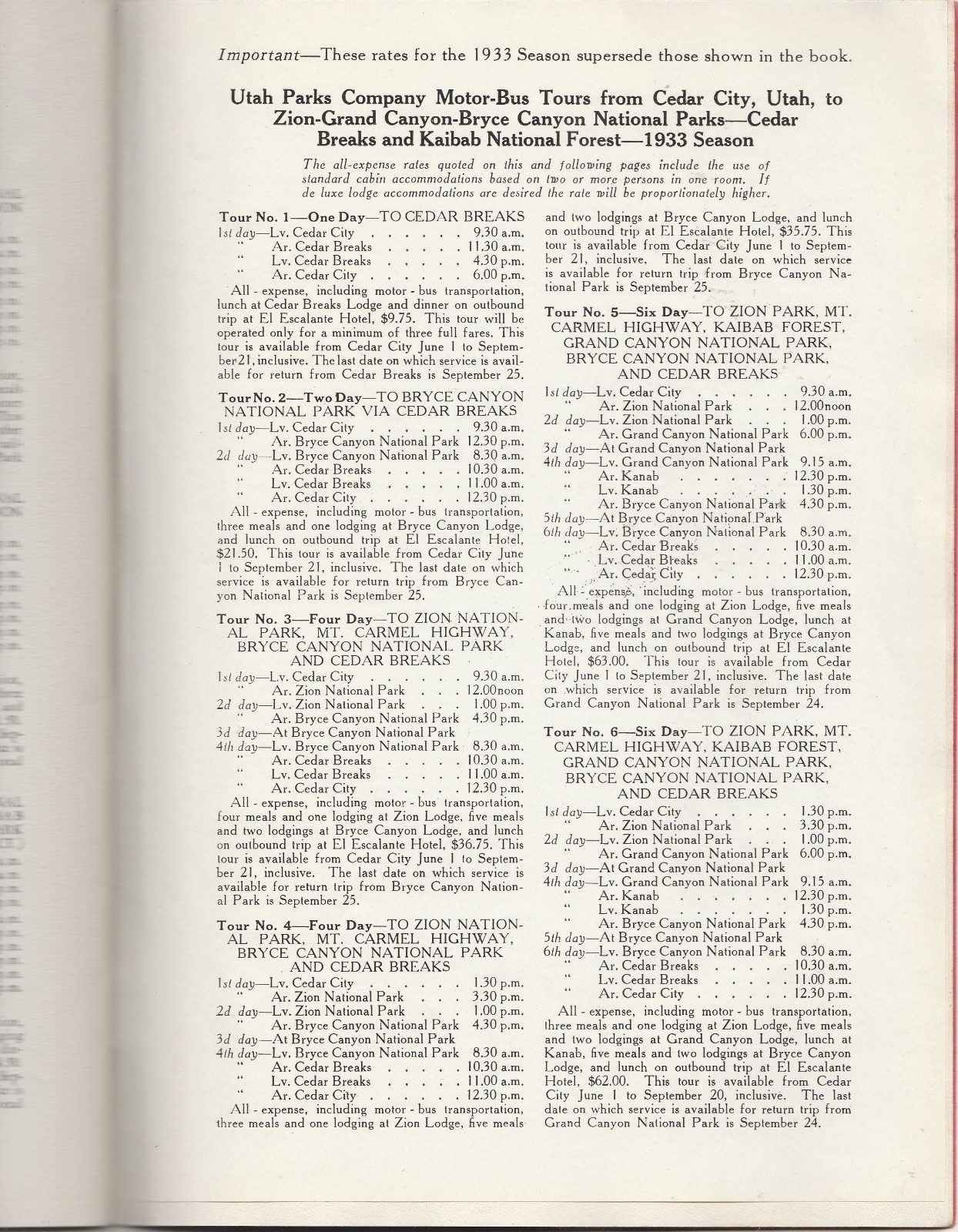 Zion Bryce Canyon Grand Canyon 1932/33 Tour Book