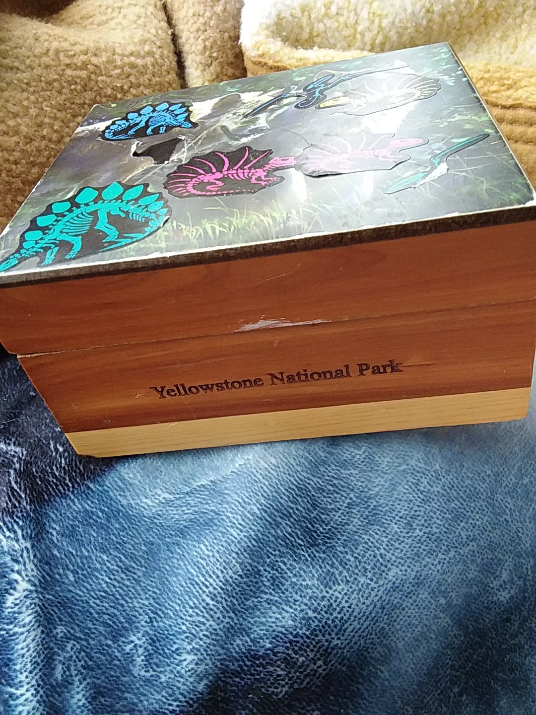 Yellowstone National Park Wooden Trinket Box Has Stickers On It Hinges Are Loose