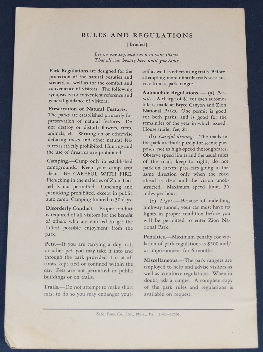 1942 Zion National Park, UT Booklet – U.S. Government