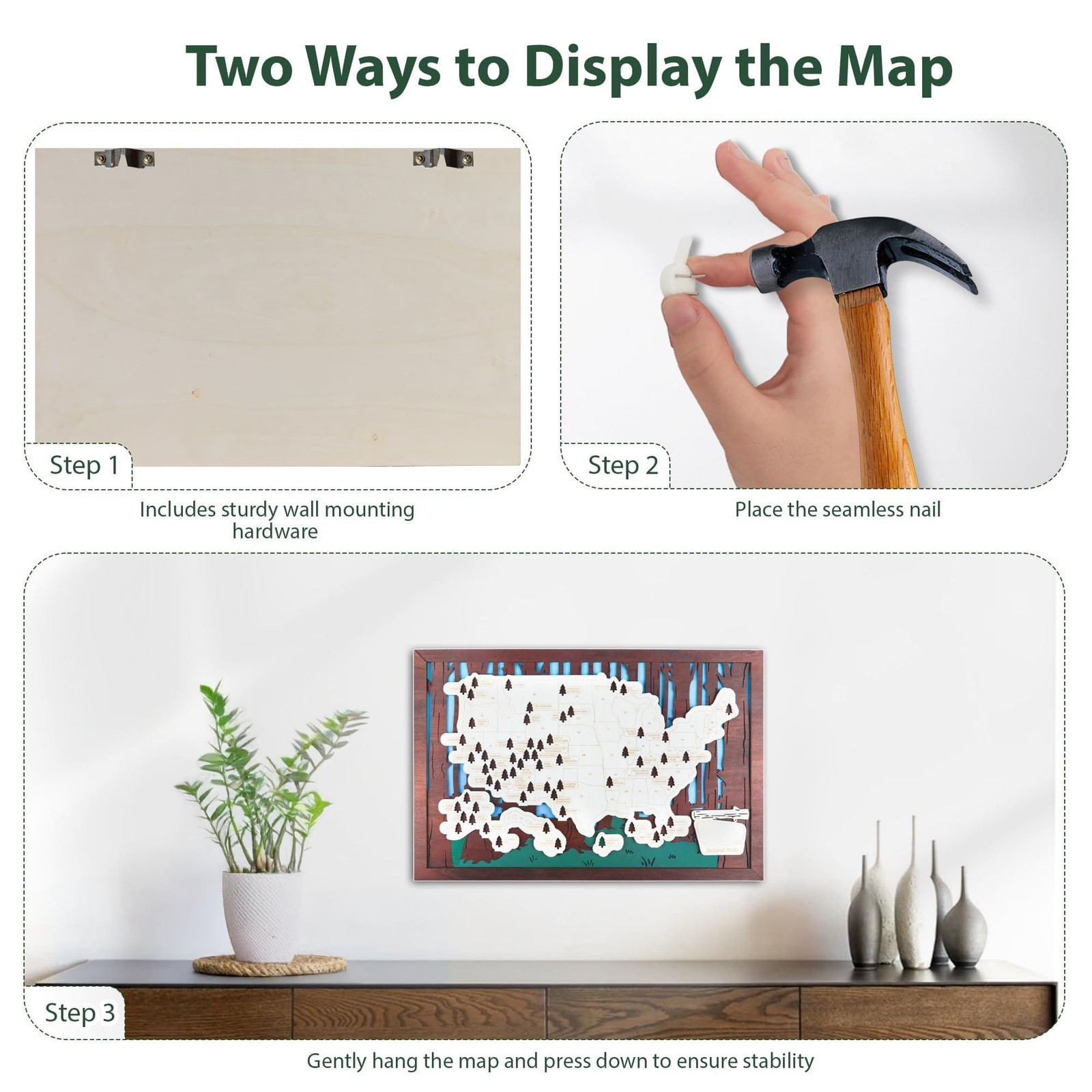 Wooden US National Parks Map Travel Tracker – 3-Layer 16.5 x 11″, Brown