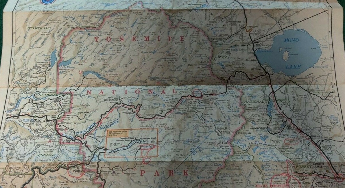1977 GUIDE TO YOSEMITE NATIONAL PARK & VALLEY Fold-Out Map AAA Southern CA