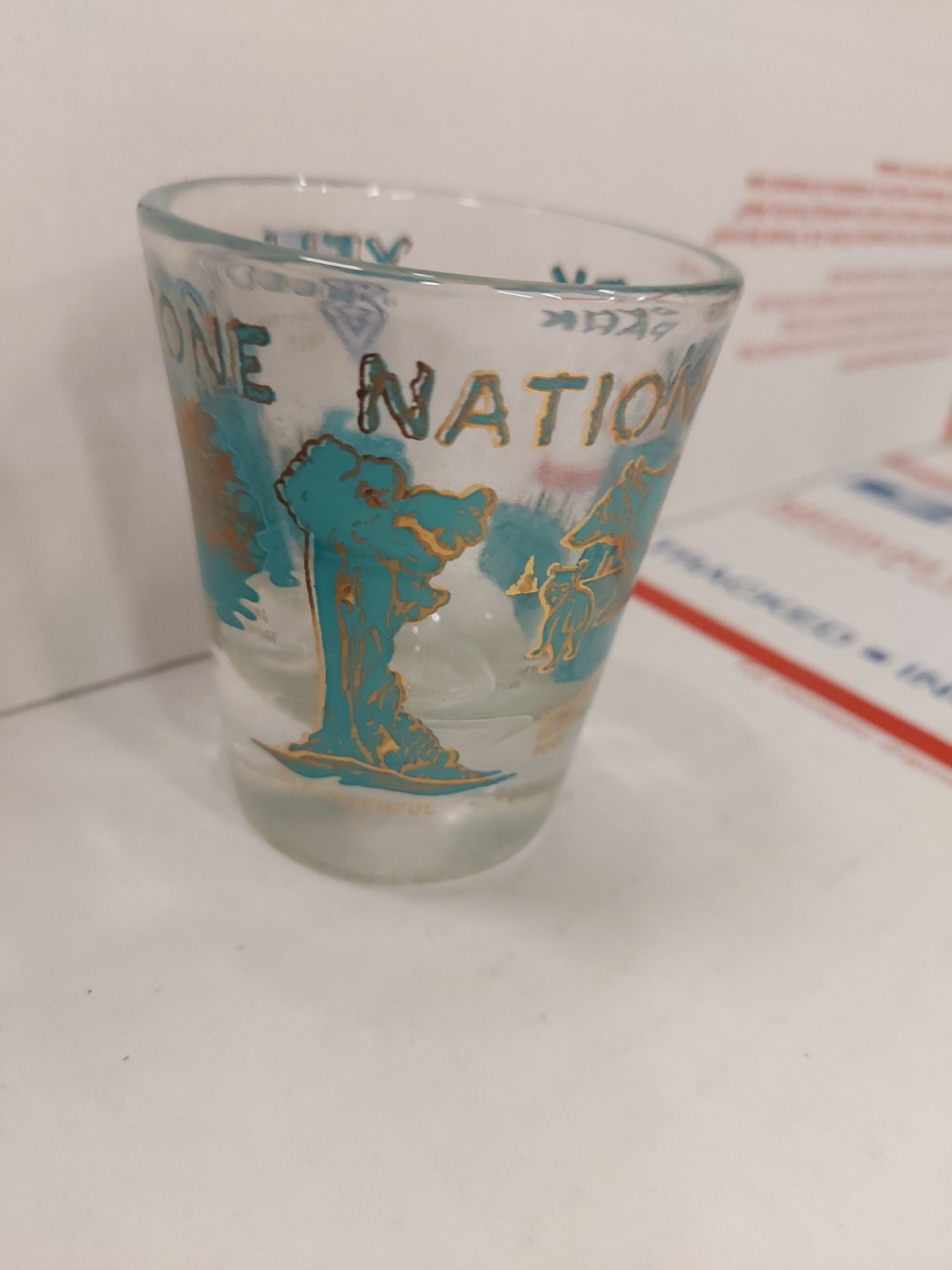 VTG Yellowstone National Park Souvenir Glass Tall, Blue/Gold