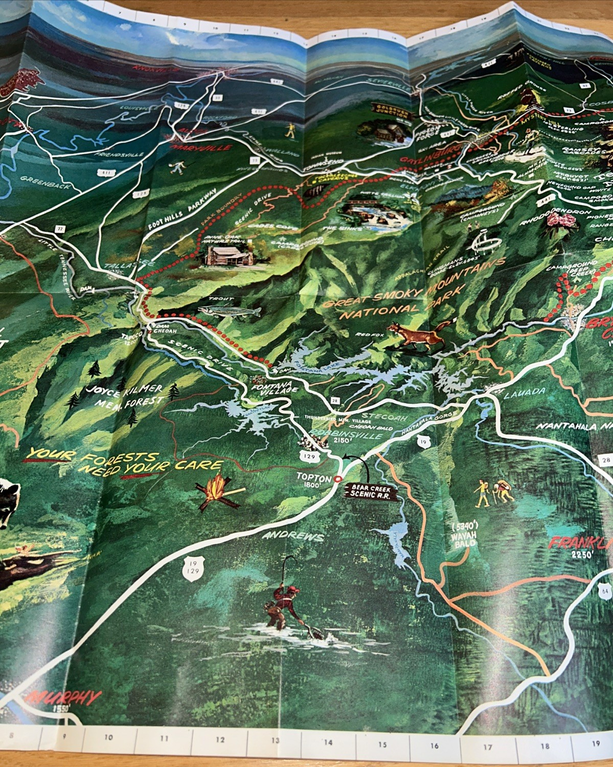 1968 SMOKY MOUNTAINS Souvenir Map / Guide / Directory 22″ x 33″