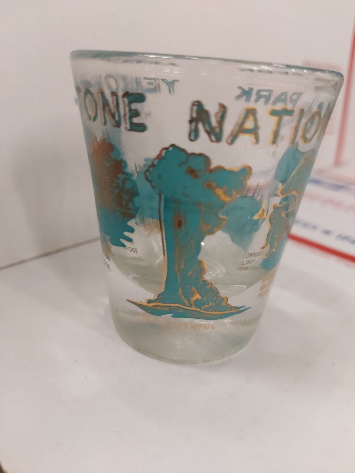 VTG Yellowstone National Park Souvenir Glass Tall, Blue/Gold