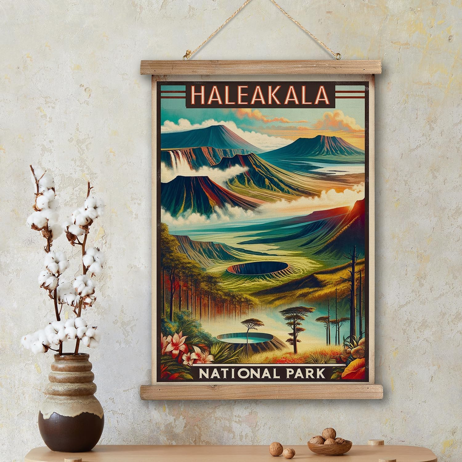 Vintage Haleakala National Park Travel Poster with Wooden Scroll Frame – Holiday