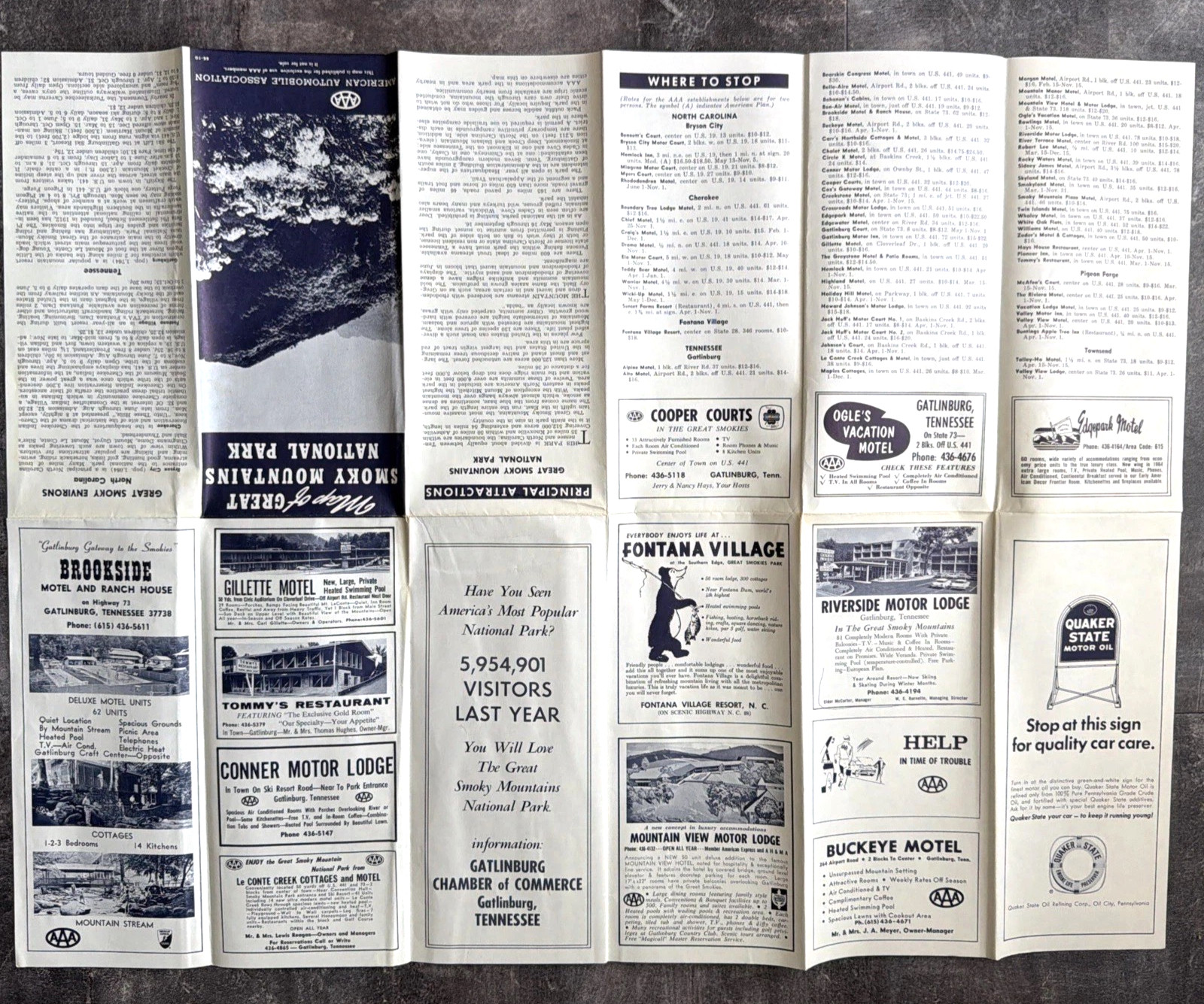 Vintage AAA Travel Map GREAT SMOKY MOUNTIANS National Park ~ 1964-1965 Edition