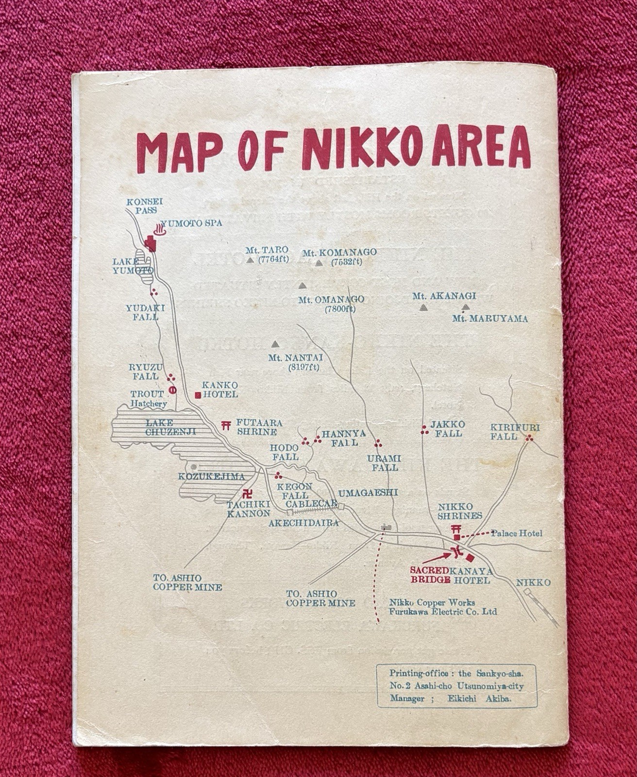 1951 HISTORY OF NIKKO JAPAN – NATIONAL PARK MAP & MAMPEI HOTEL MENU – KARUIZAWA