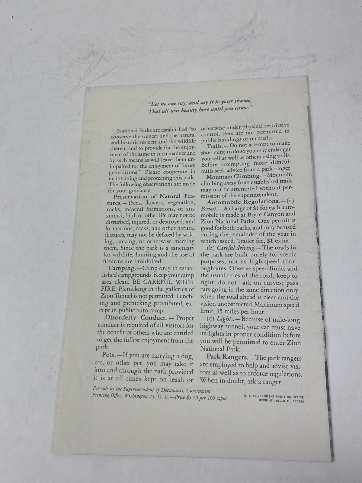 1952 Vintage Zion National Park Utah Booklet Visitor’s Guide