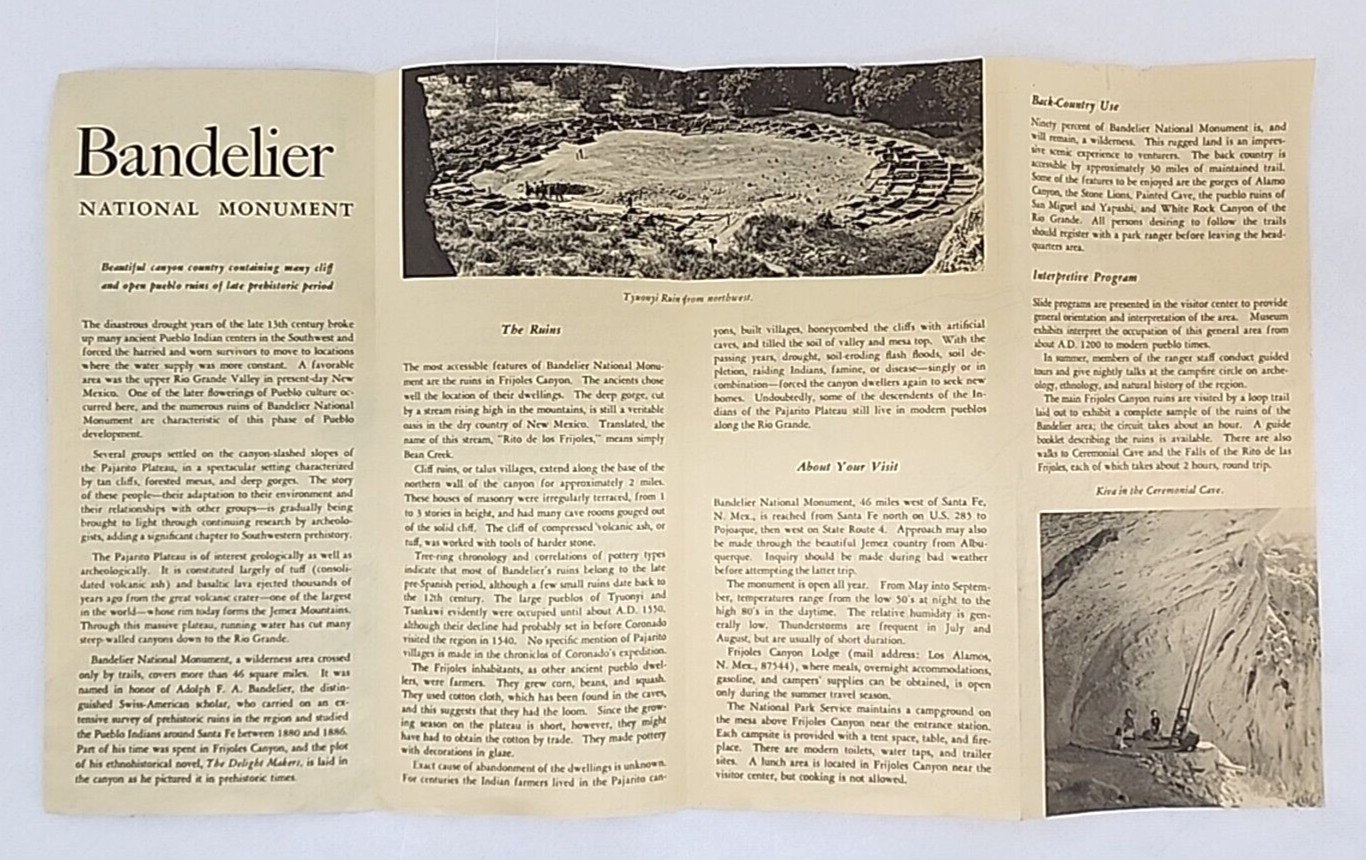 1964 Bandelier National Monument Park Brochure Map NPS New Mexico