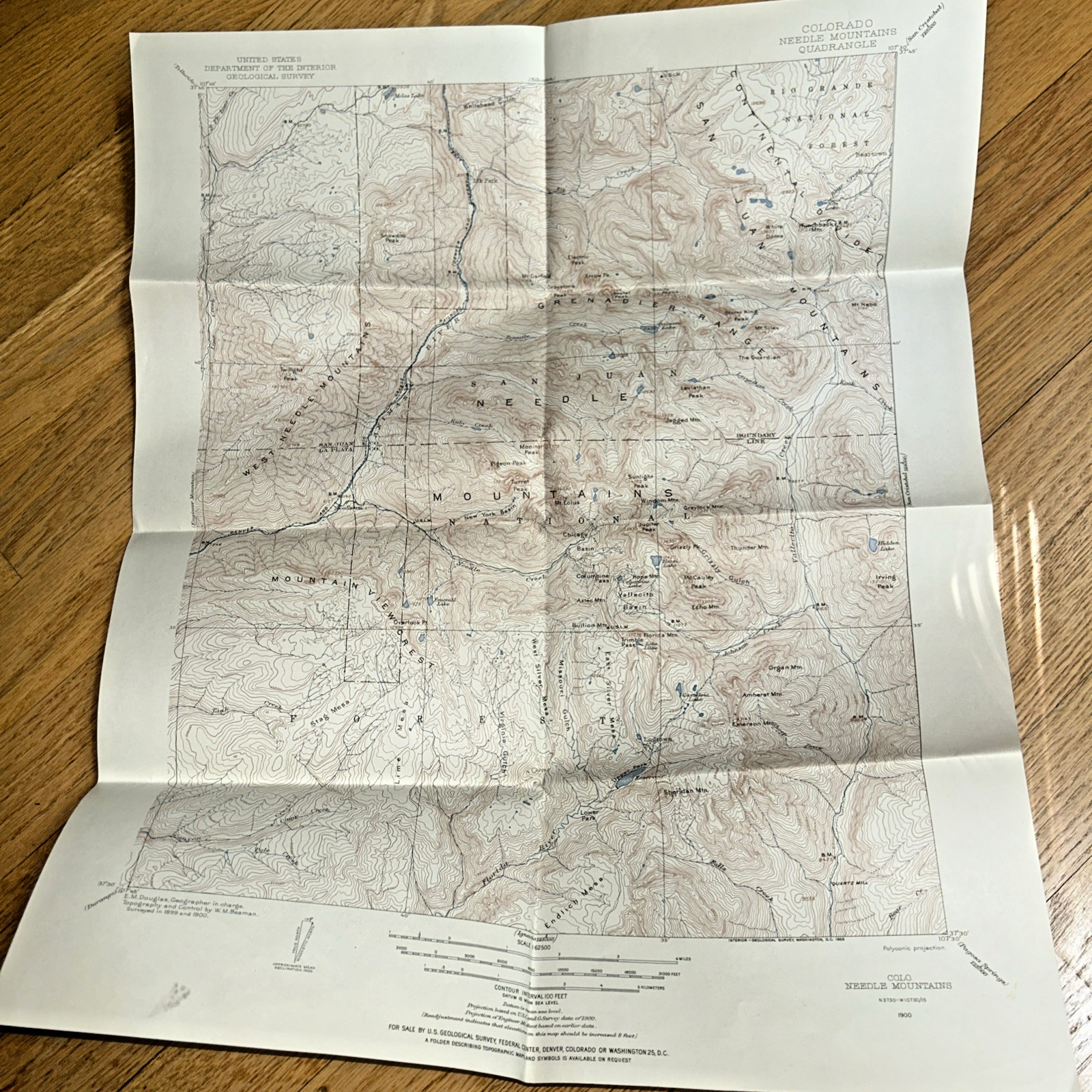 1960s COLORADO NEEDLE MOUNTAINS U.S. GEOLOGICAL SURVEY Map 17″ X 21″