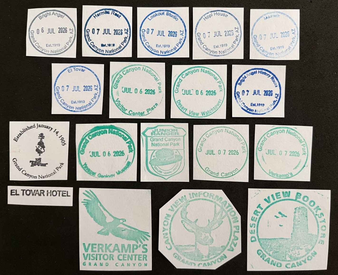 GRAND CANYON NP NATIONAL PARK SERVICE CANCELLATION/PASSPORT STAMP LOT of 18