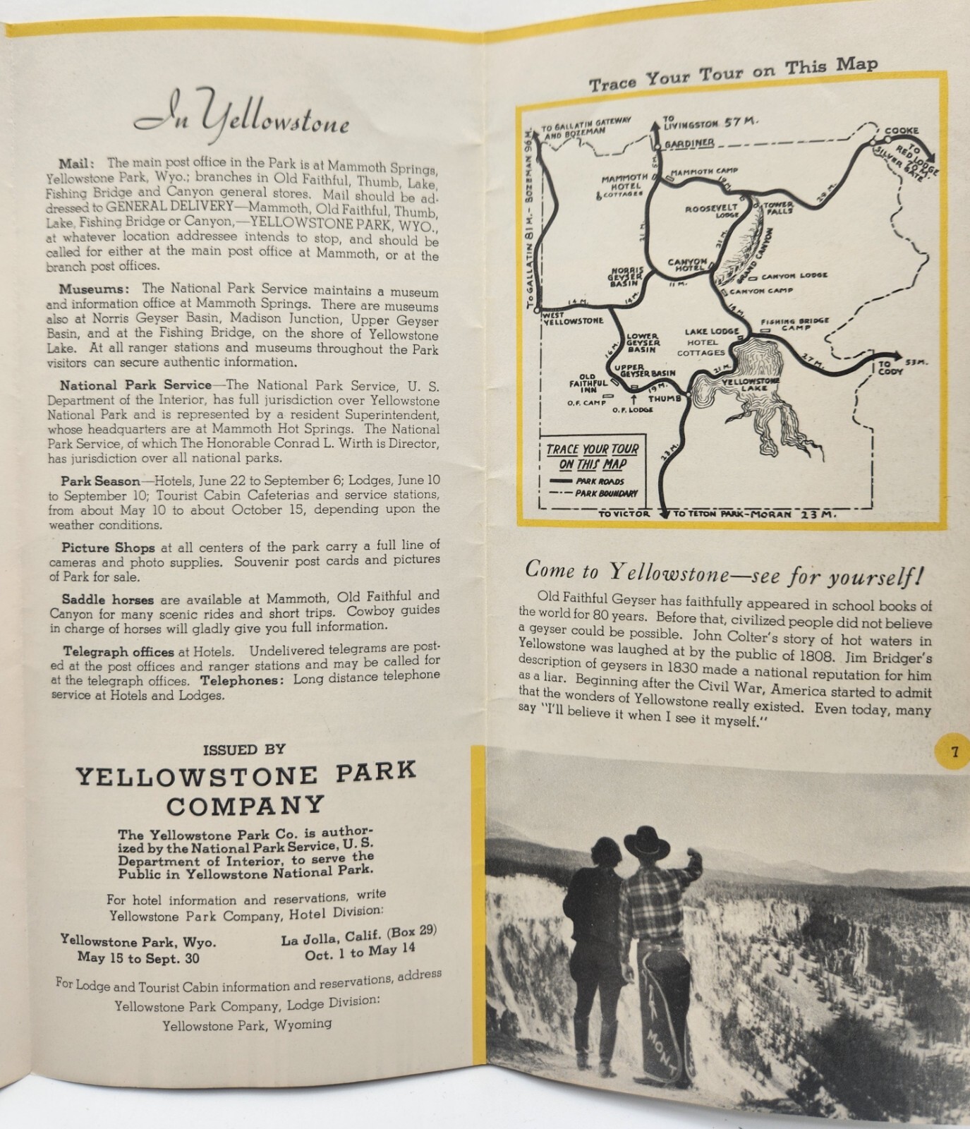 Yellowstone National Park Brochure Hotels Cottages Lodging Cabins c.1952
