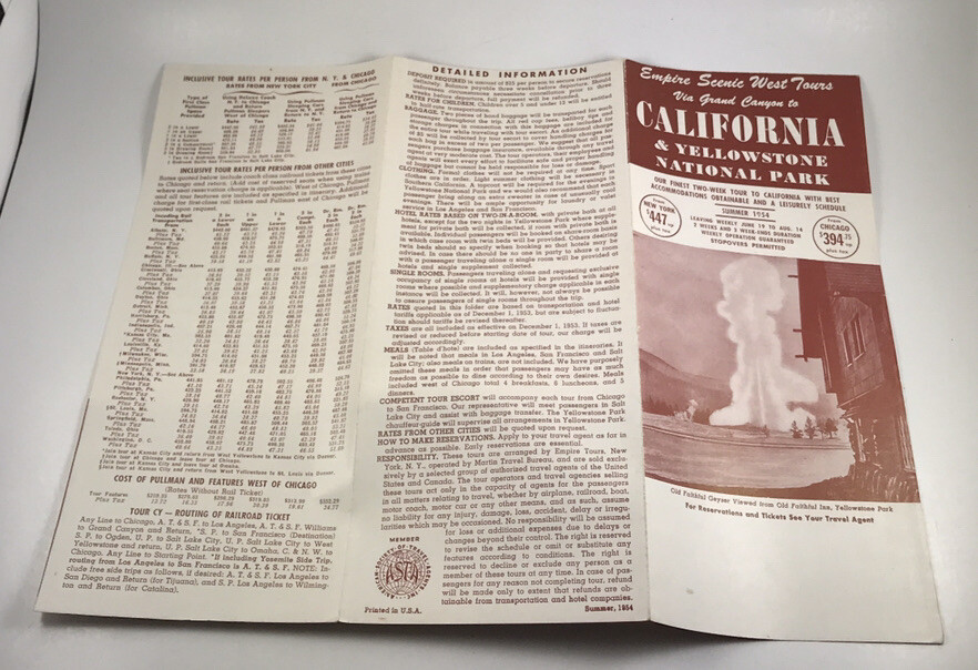 Vintage 1954 Empire West Tours Via Grand Canyon to CA & Yellowstone Foldout