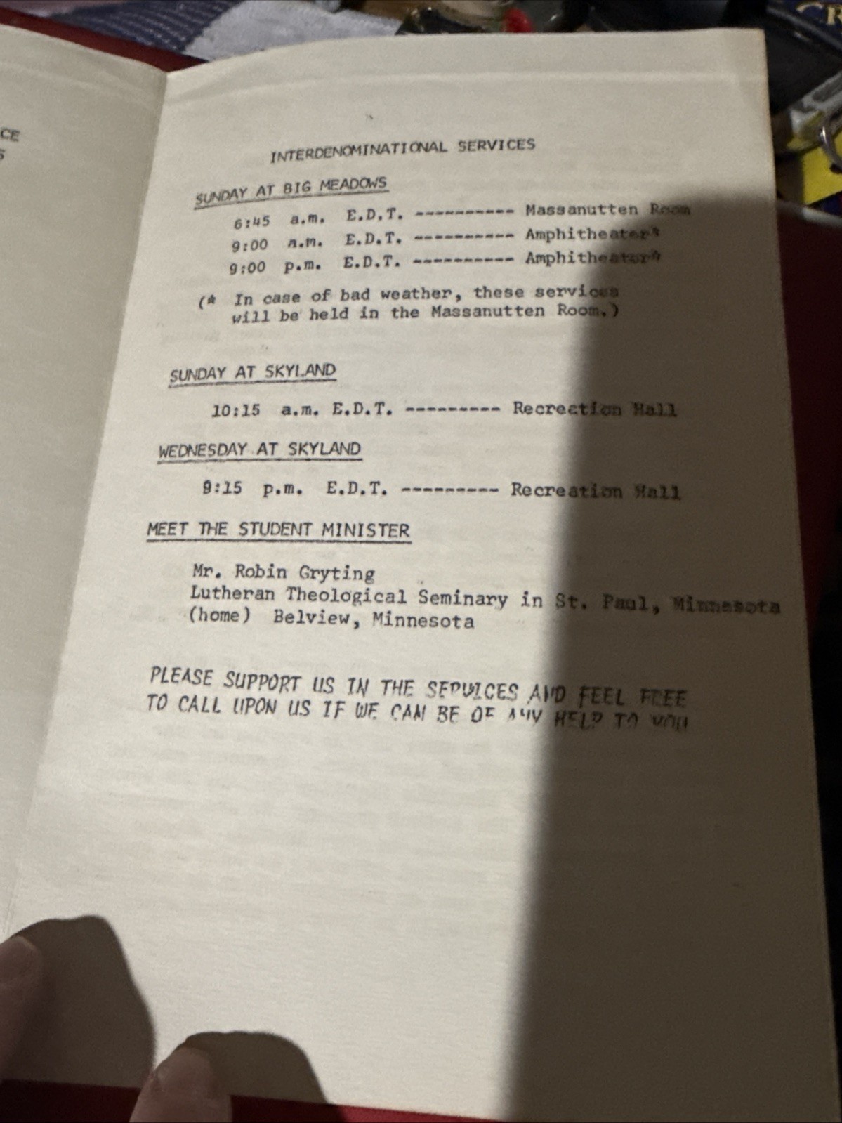 Shenandoah National Park VA 1963 Church Service Pamphlet