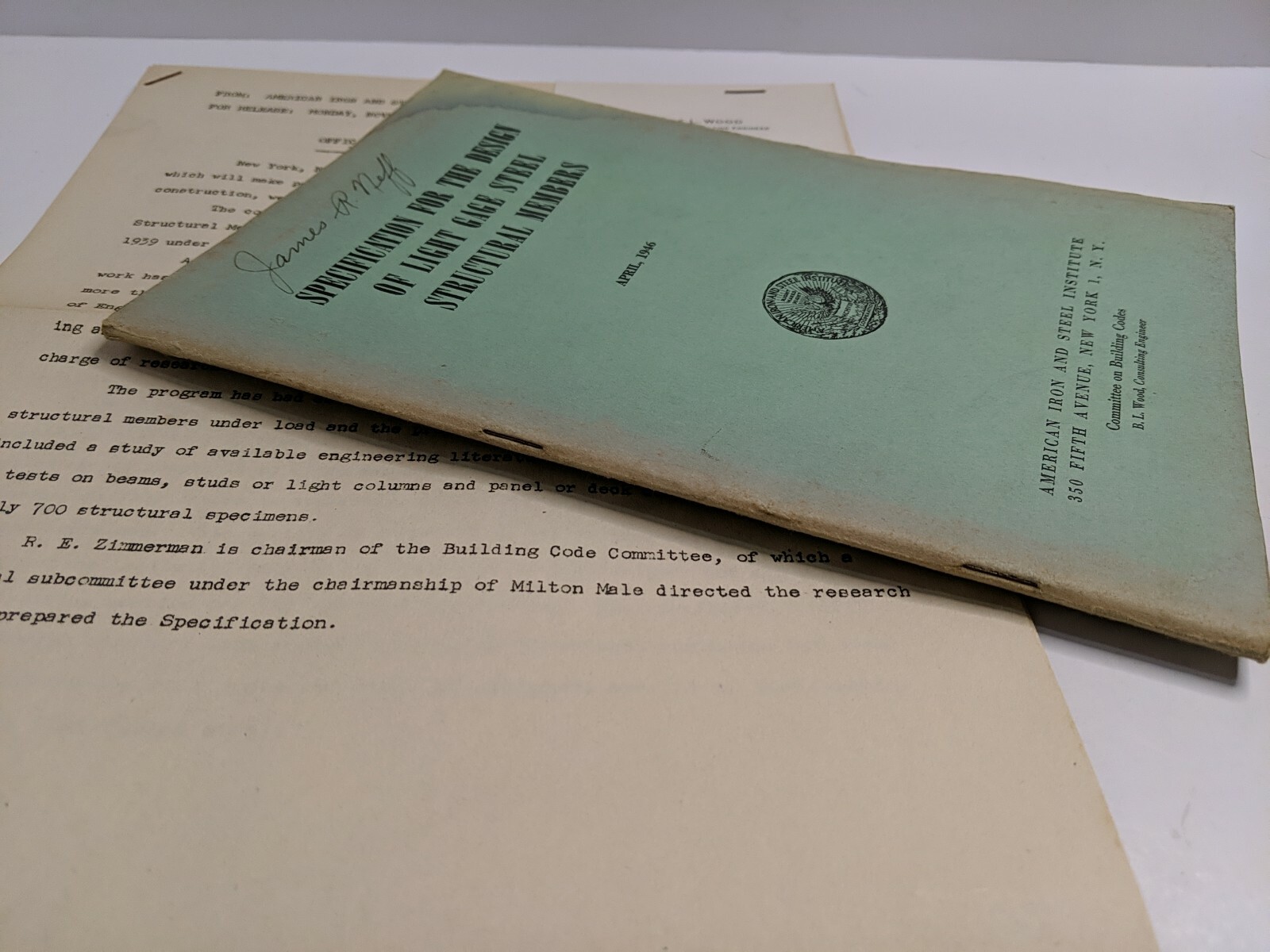 1946 Specification design light gage steel structural Iron steel & Letter/card