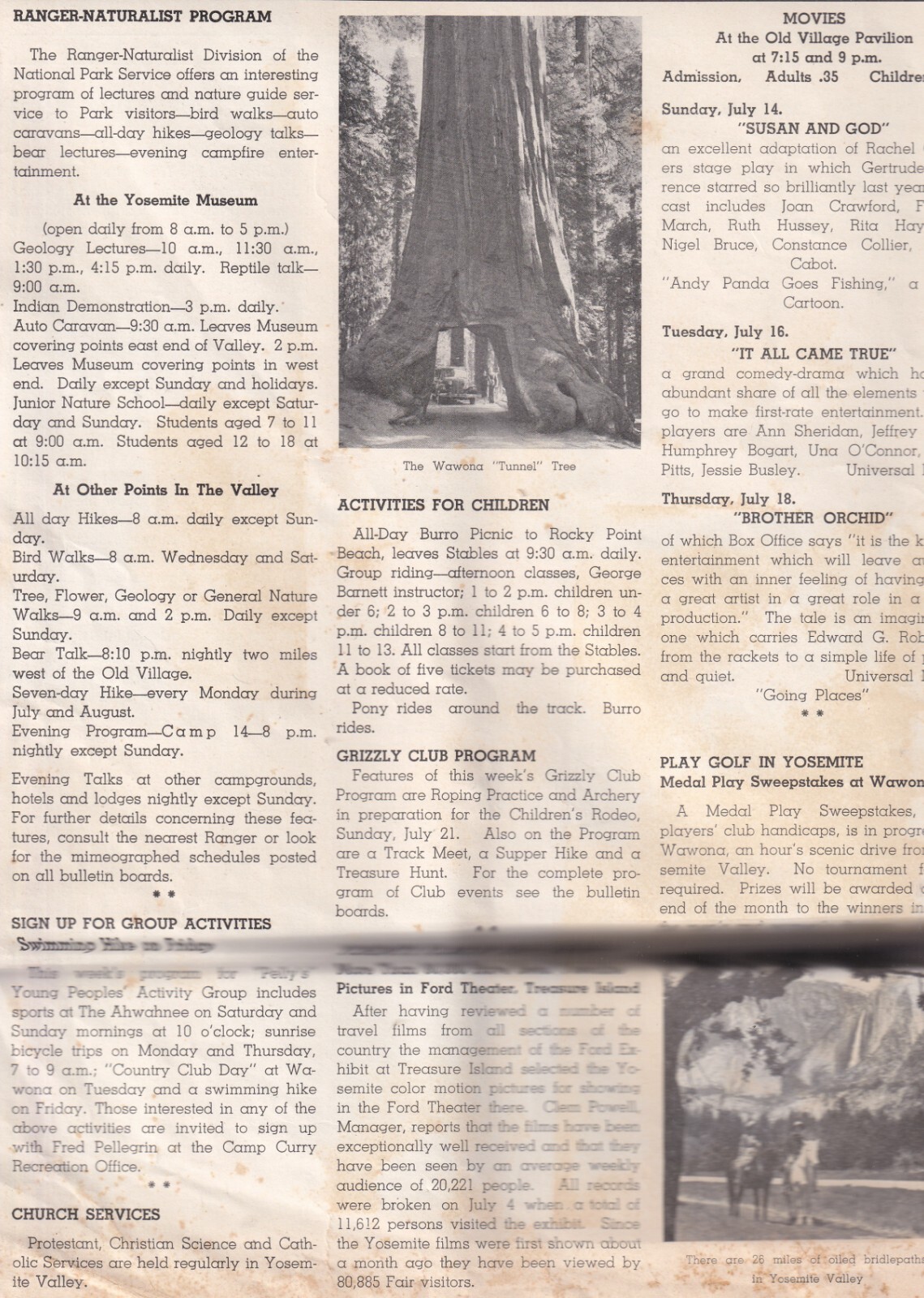 Yosemite Visitor’s Guide, July 1940, Large 12″ x 9″, Four Pages, Map, Events