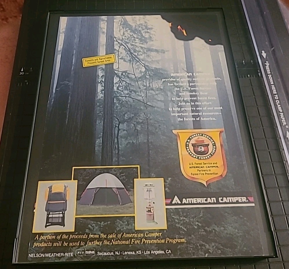 American Camper Smokey The Bear US Forest Service Print Ad Framed 1991 8.5X11