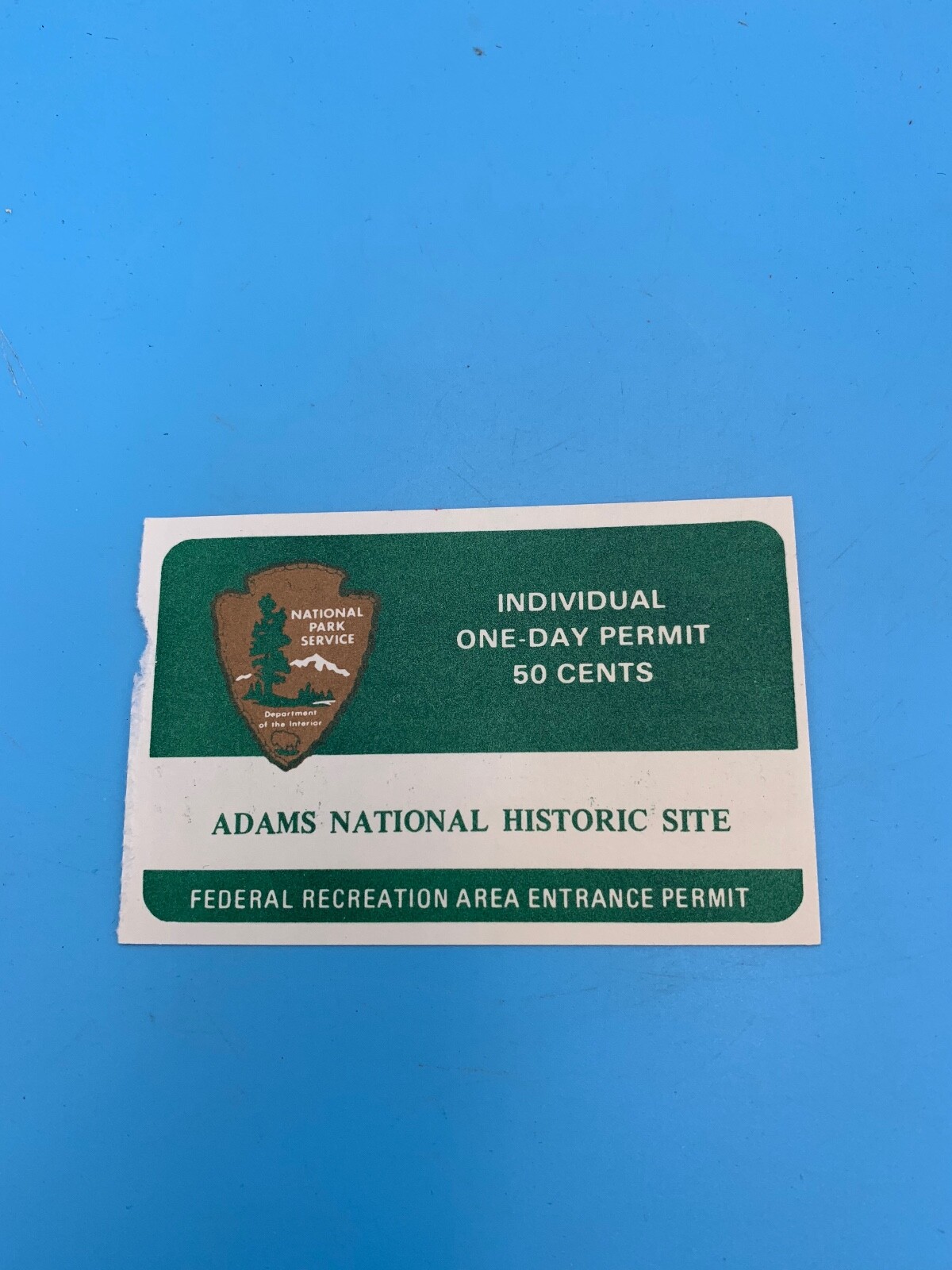 ONE-DAY PERMIT 50 CENTS ADAMS NATIONAL HISTORIC 3.5″ X 2.5″ VINTAGE INDIVIDUAL