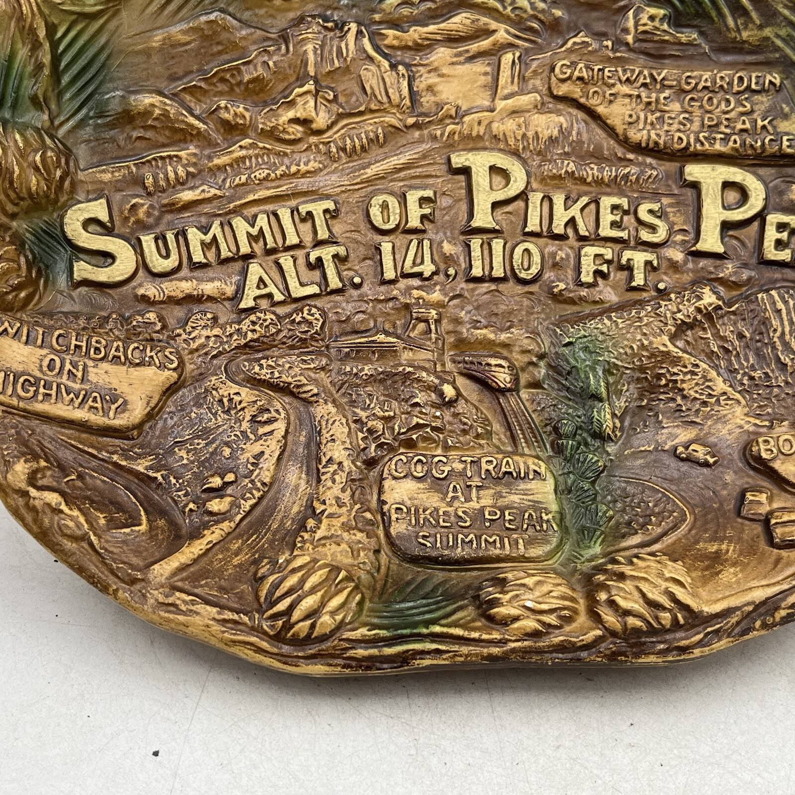 Vintage Pikes Peak Region Souvenir Faux Wood Bowl Plate Wall Hanging