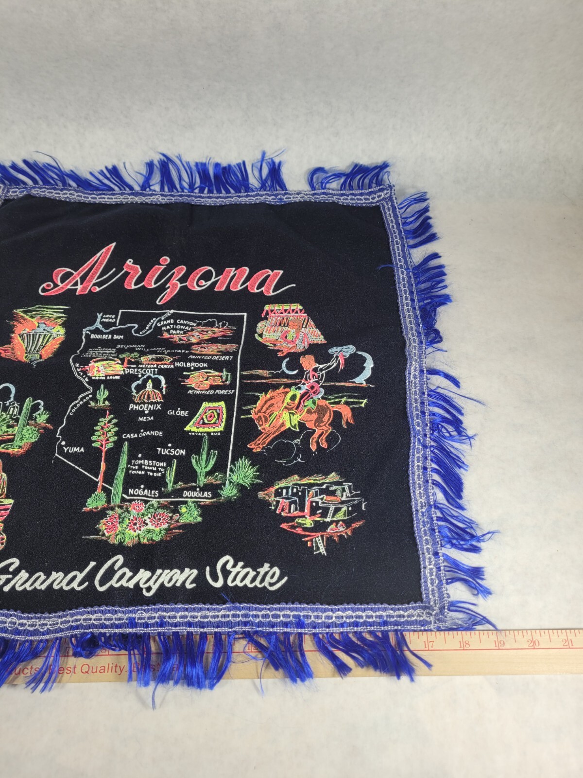 Vintage Arizona Grand Canyon Black Fabric Souvenir Pillowcase Gold Fringe 17″