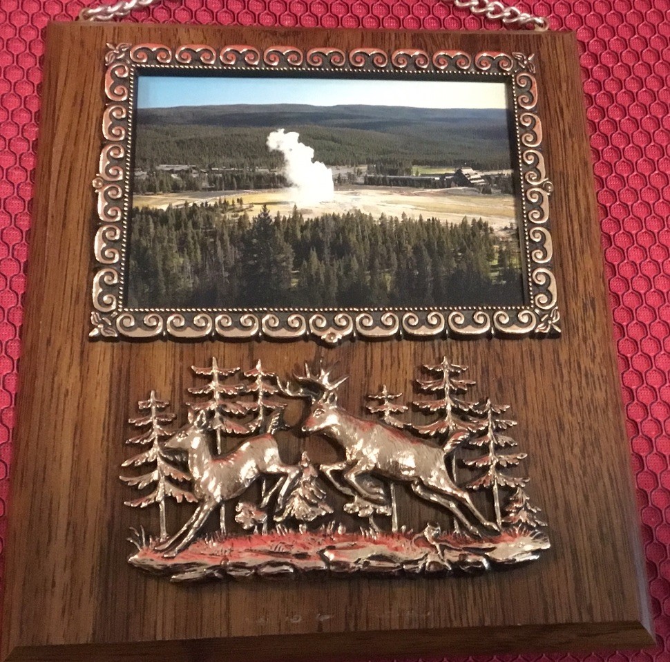 Souvenir Wall Plaque. Old Faithful. Yellow Stone National Park. Deer Framed 0903