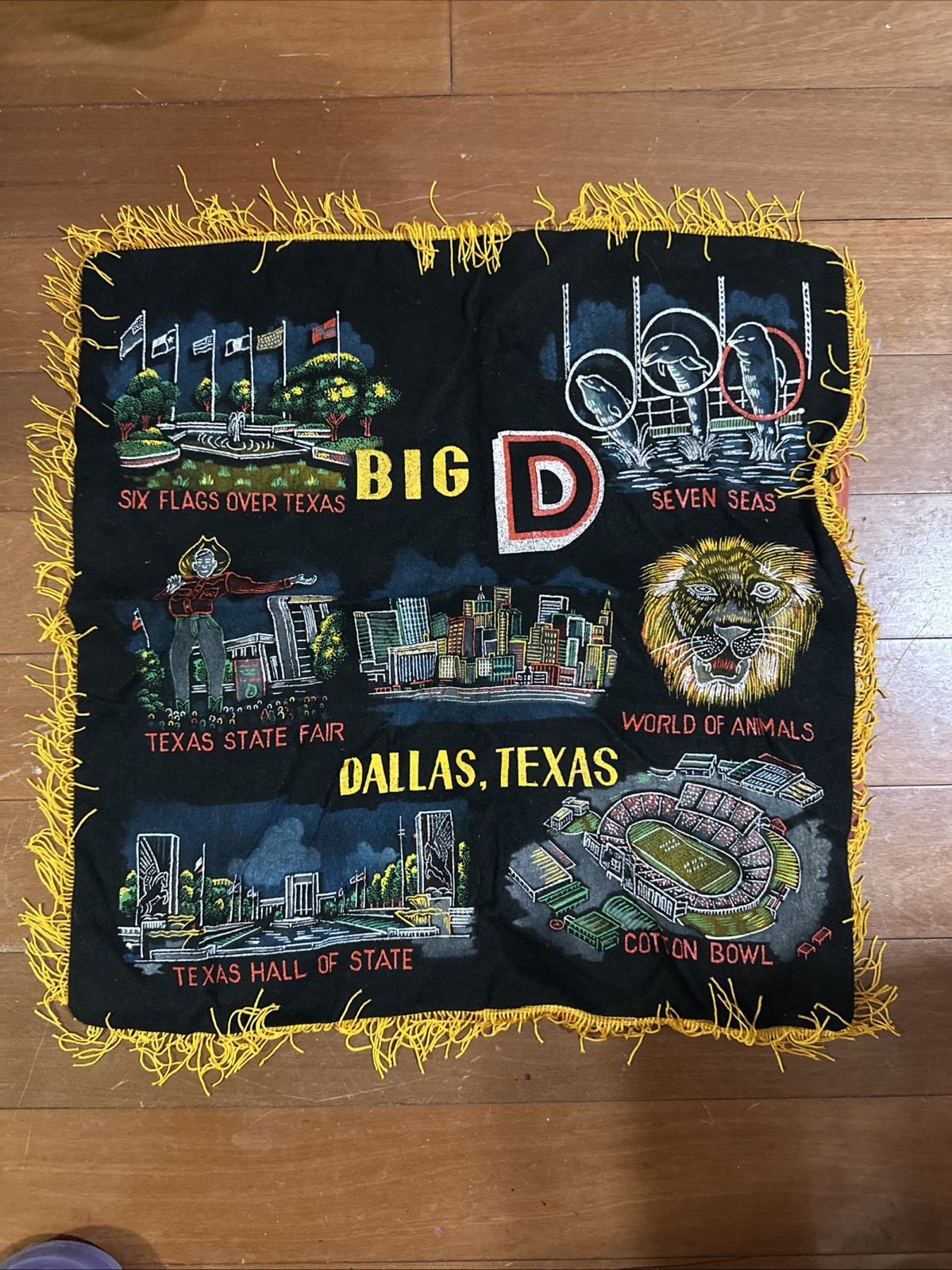 Vintage 1960’s Dallas Texas Pillow Case Cover Fringe Souvenir State Fair Cotton