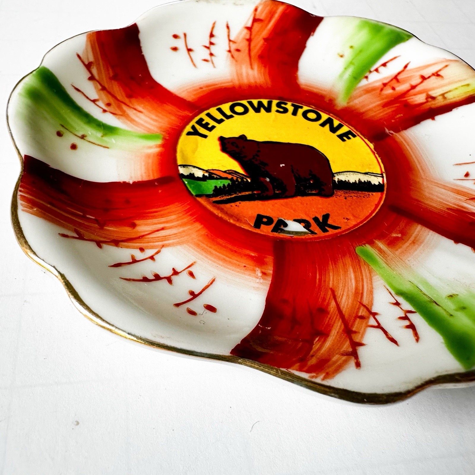 Vintage Yellowstone National Park Bear Souvenir Trinket Dish Japan Hand Paint 3”