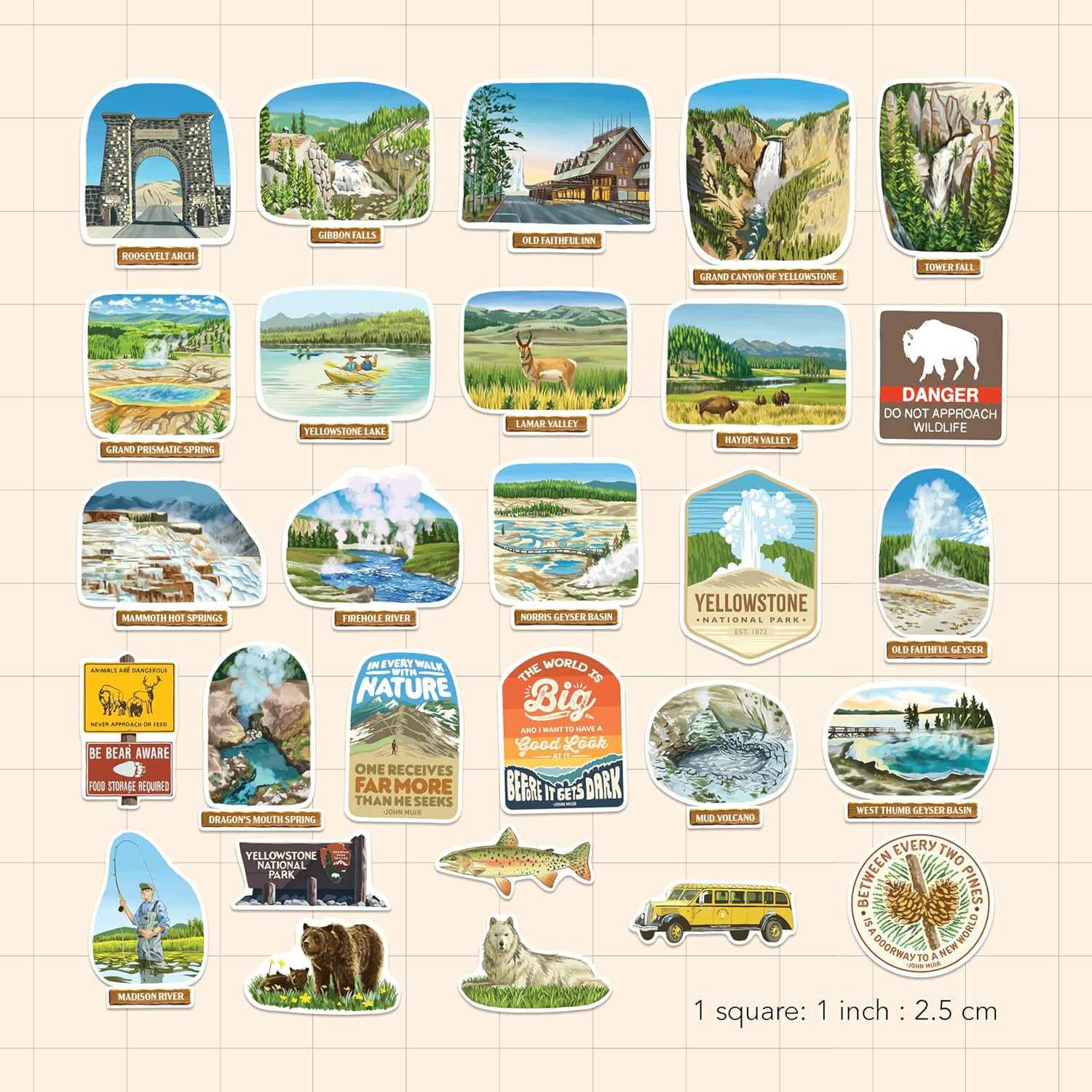 Yellowstone National Park Stickers (28Pcs) – Hand-Illustrated, America, Nature-T