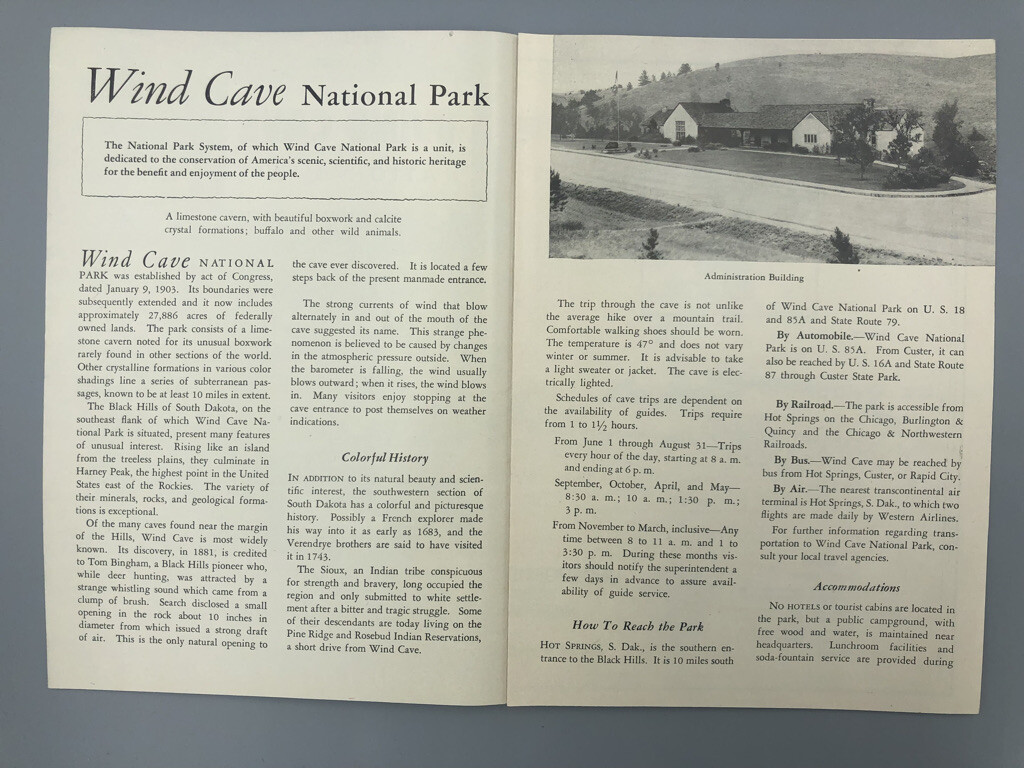 1954 WIND CAVE NATIONAL PARK South Dakota BUFFALO Map Vintage Travel