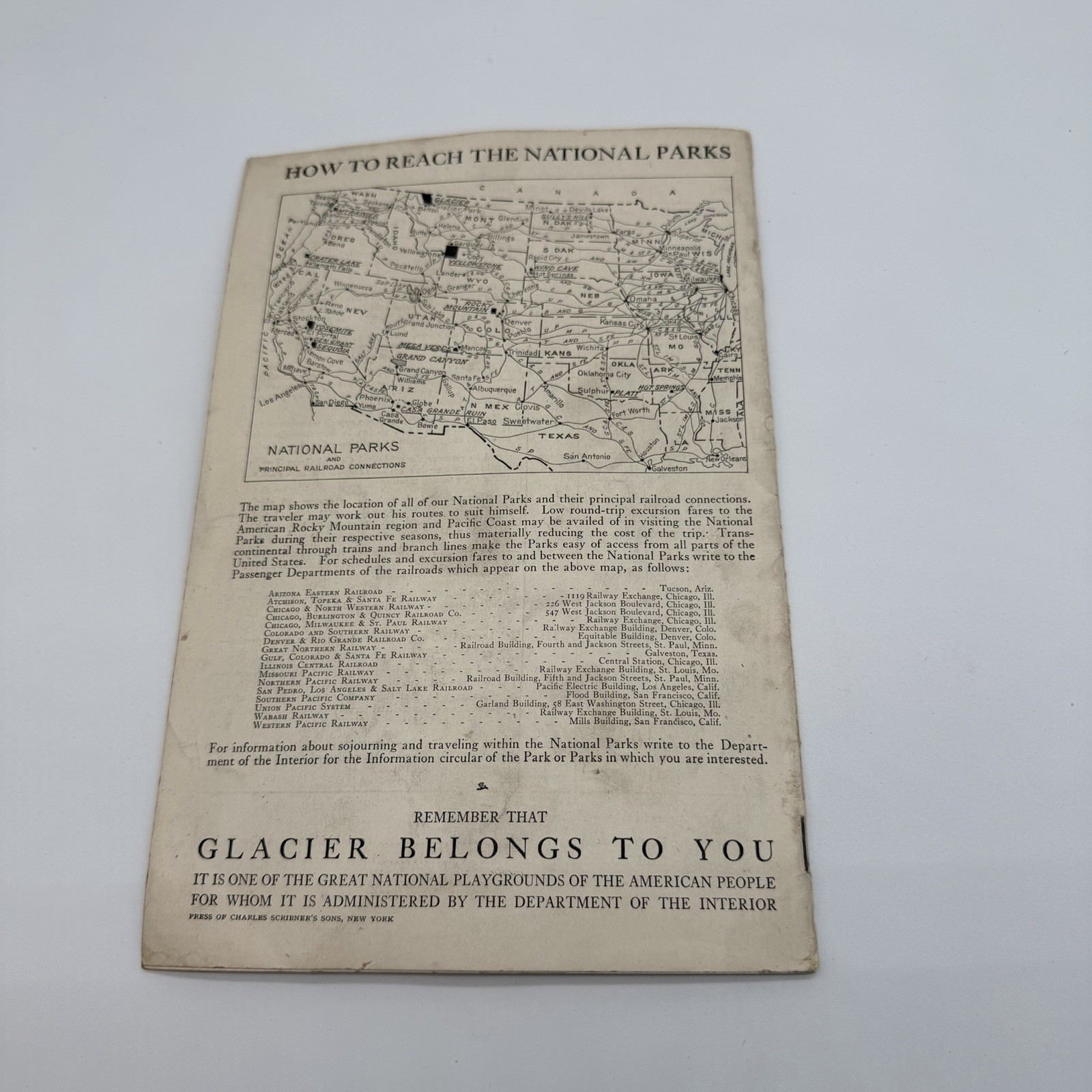 “Glacier” National Park Montana U.S Department of The Interior Booklet – 1930’s