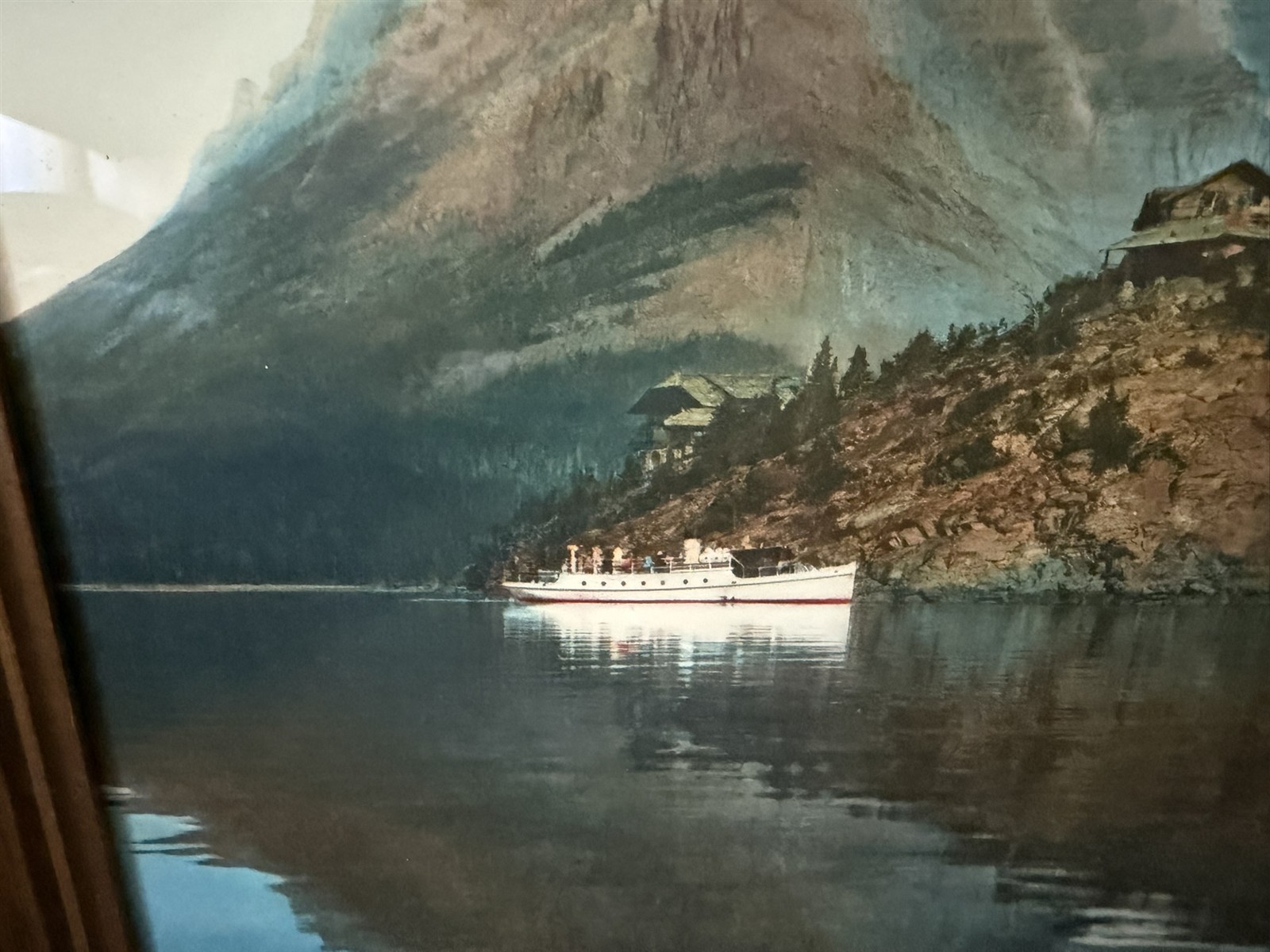 1920’s era Framed Glacier National Park St. Mary’s Lake Boat Exceptional Color!