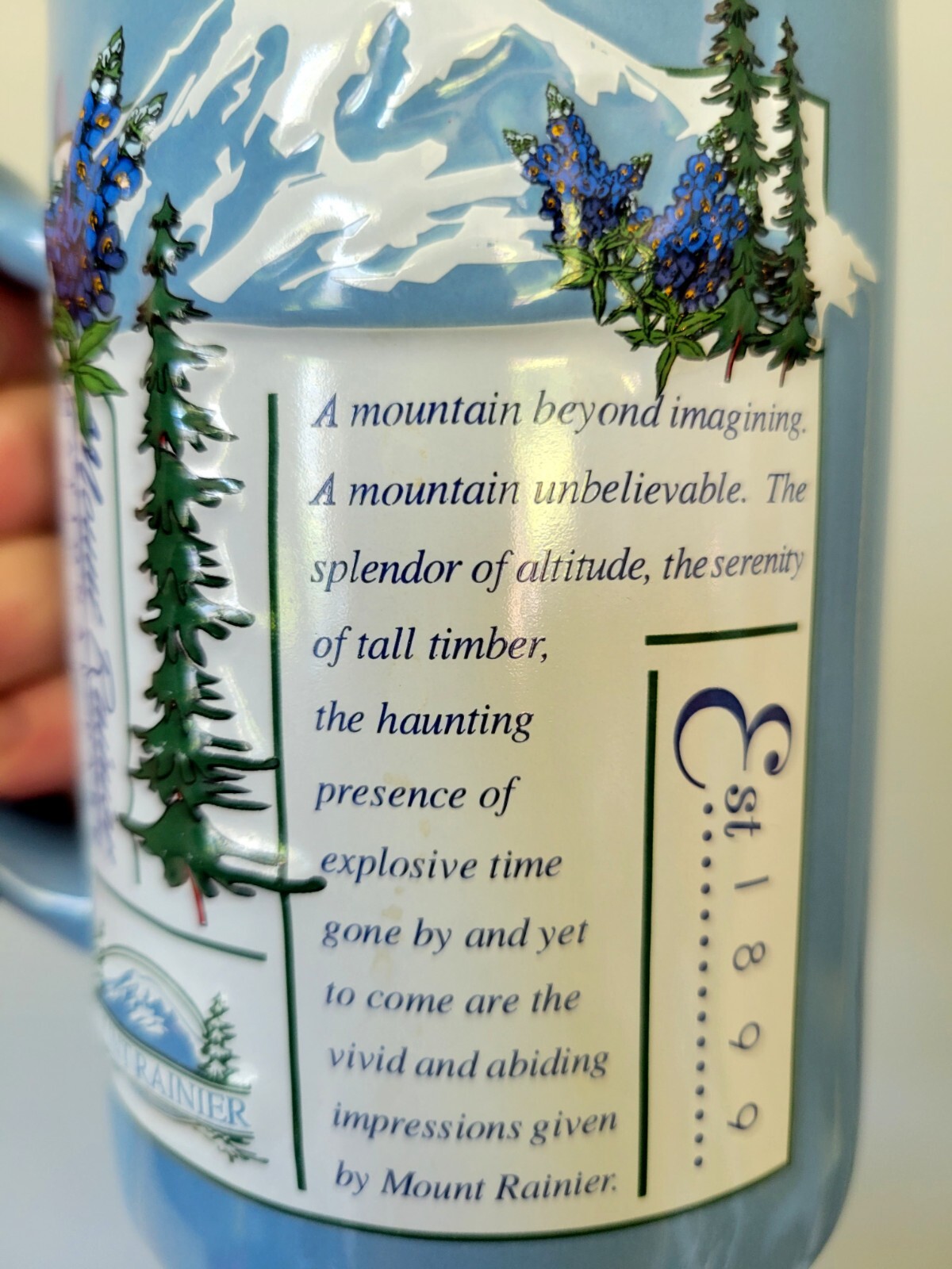 Mount Rainier National Park 14oz Souvenir Poem Coffee Mug Cup Blue Vtg 1990s