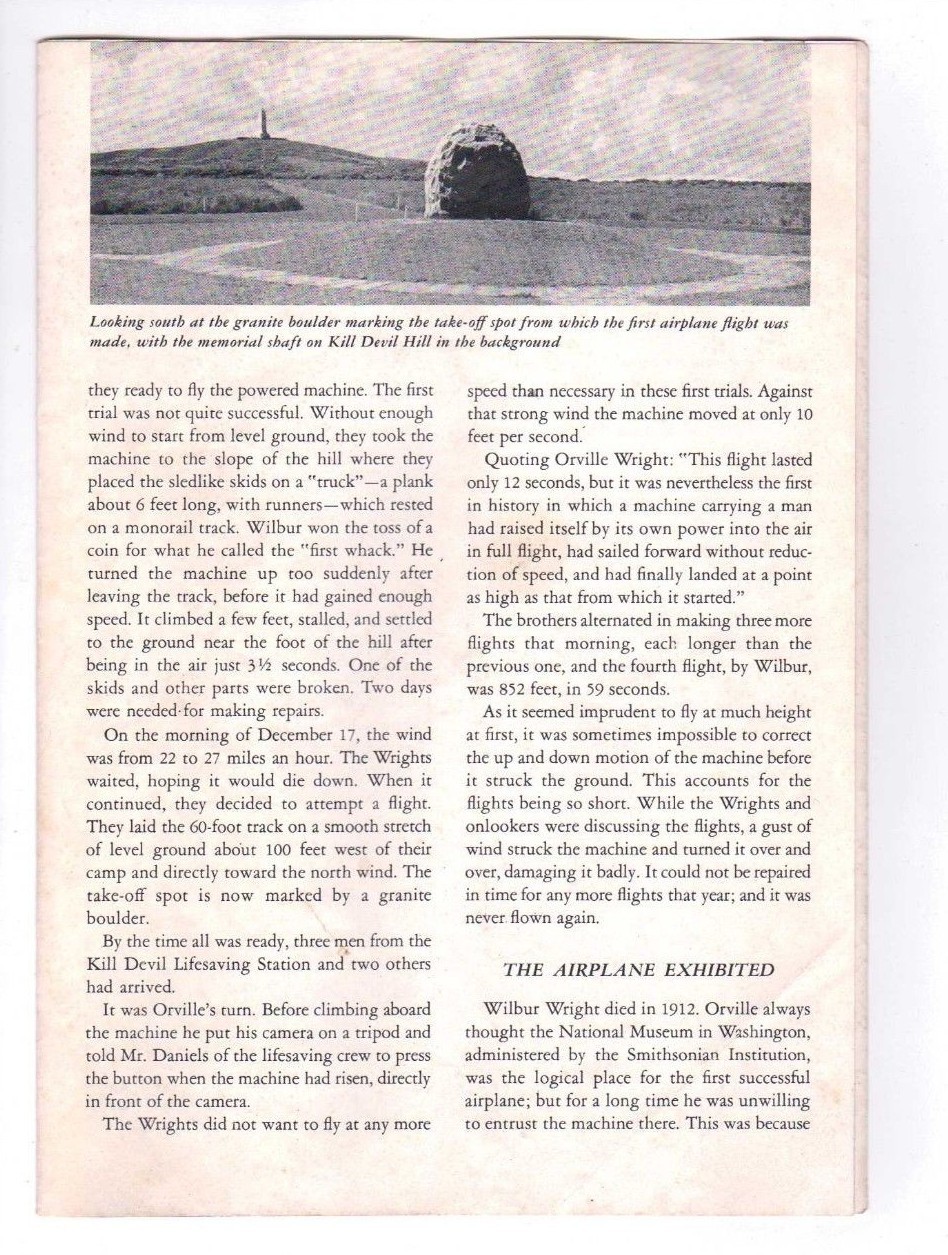 Vtg 1954 Wright Brothers National Memorial North Carolina NPS Brochure Pamphlet