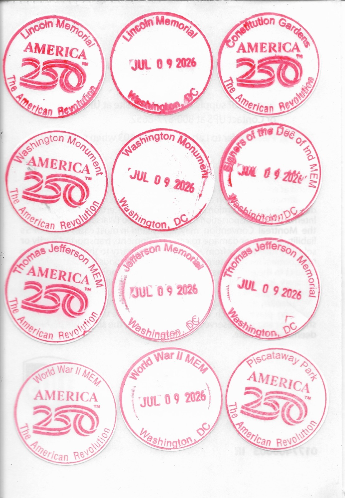 Washington DC Full Set America 250 NATIONAL PARK SERVICE PASSPORT STAMP Lot
